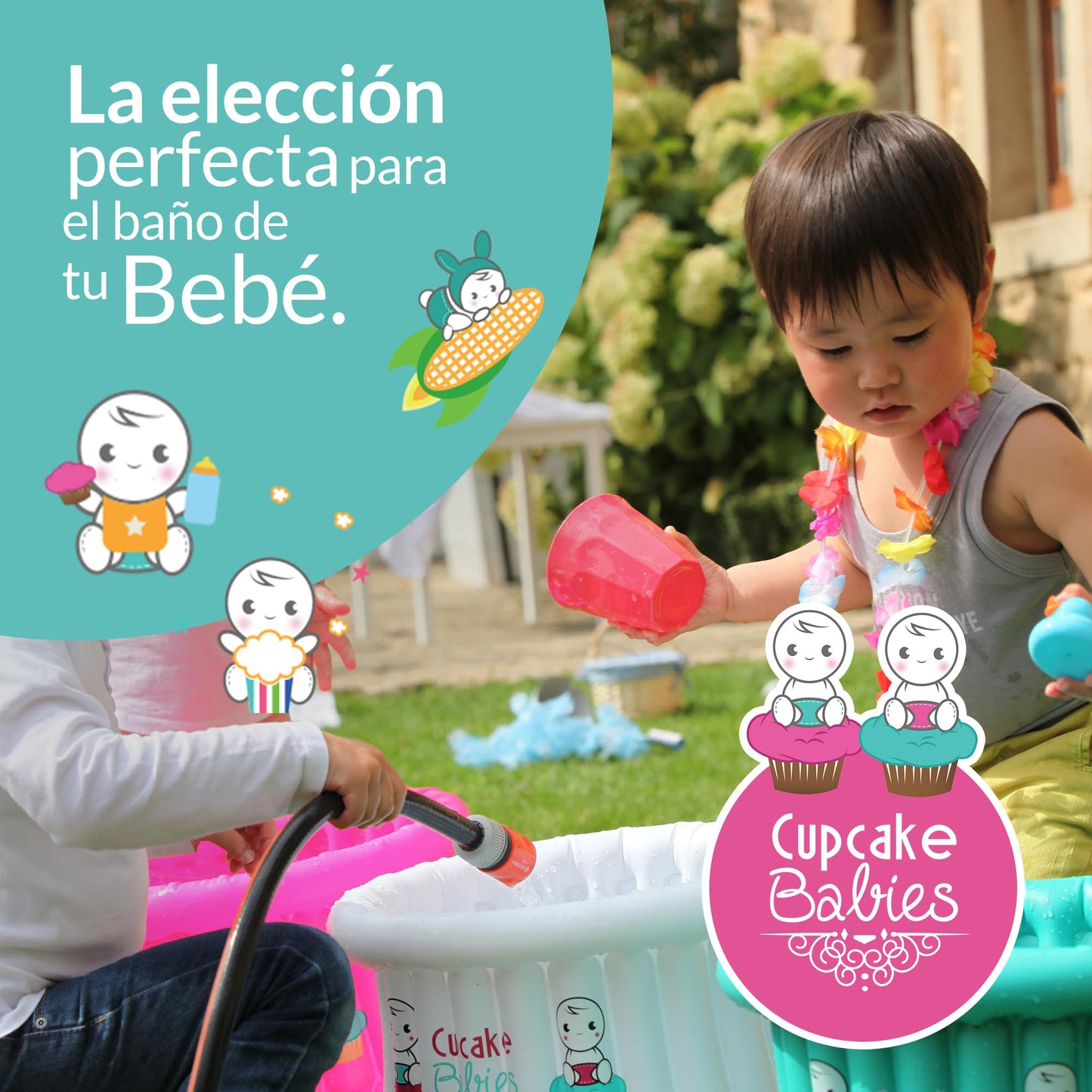 Cupcake Babies Set Especial de Bañera para Bebe Inflable Turquesa | Navidad | Ideal para Regalos Navideños Recién Nacidos hasta 12 Meses | Incluye Toalla, Bolso de Viaje, Pato de Juguete y Compresor