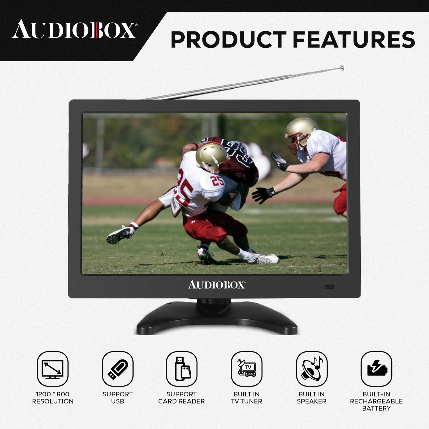 Audiobox - TV portátil de 13 pulgadas | HDMI, VGA, A/V, entradas USB/SD | Salida de 3,5 mm, CA/CC | Incluye: mando a distancia, cargador de coche, adaptador de CA, cables A/V y antena