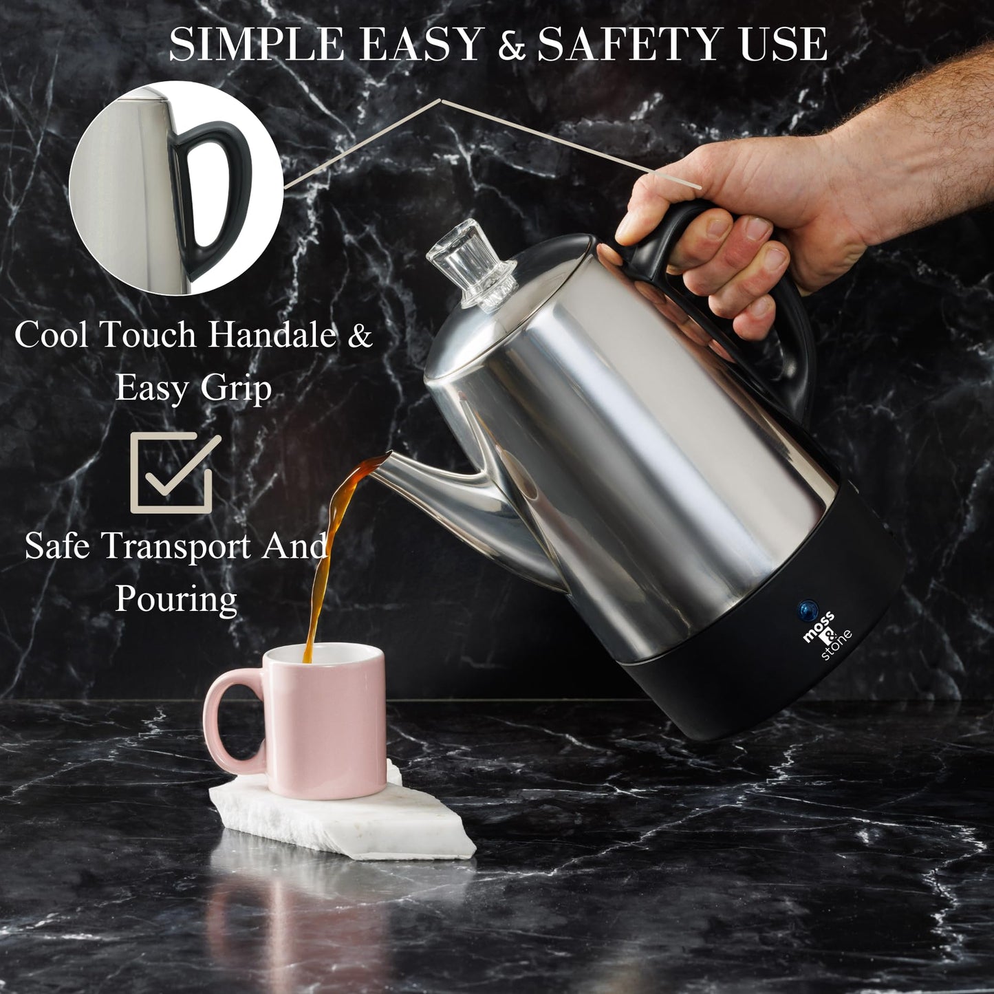 Cafetera eléctrica Moss & Stone de acero inoxidable para 10 tazas, cafetera eléctrica con función de mantener caliente, cafetera eléctrica de acero inoxidable para 10 tazas con cesta para café