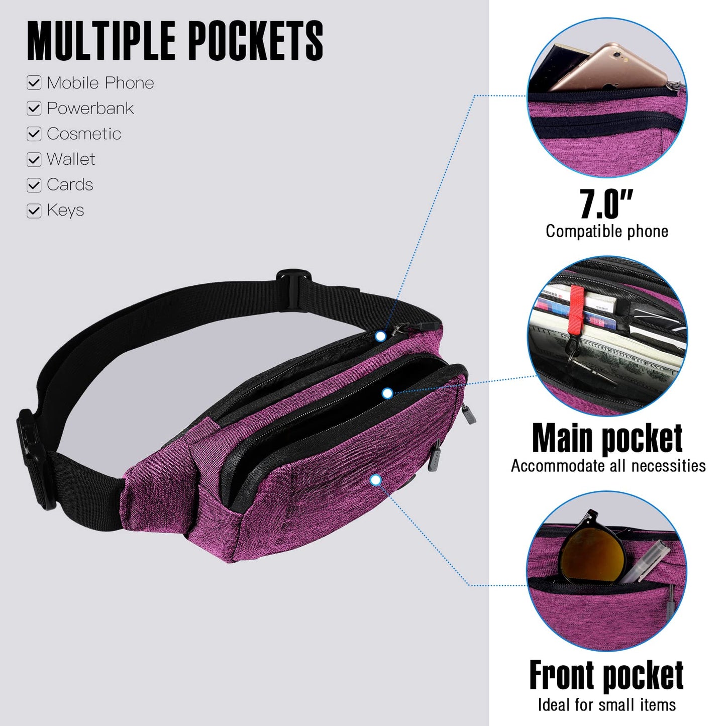 Riñonera Deportiva WATERFLY Negra con Cinturón Extendido para Mujer y Hombre