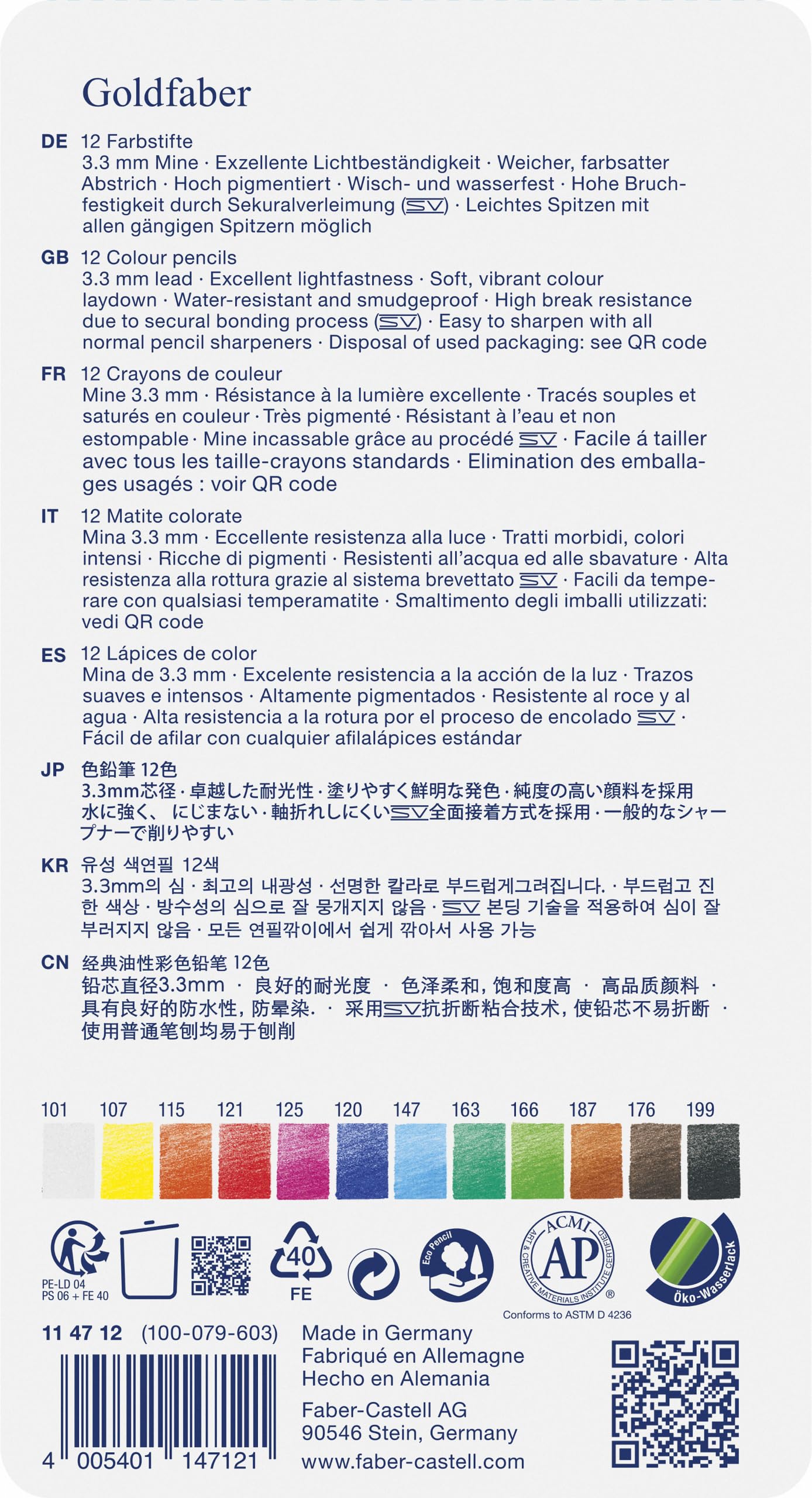 Faber-Castell Colores Goldfaber para Arte con 12 colores elaborados con excelente resistencia a la luz y a caídas, son ideales para artistas profesionales y aficionados que buscan proyectos creativos