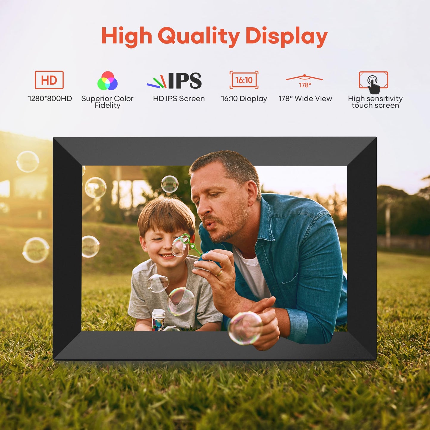 Frameo Marco de fotos digital WiFi de 10.1 pulgadas, marco de fotos digital HD IPS de 1280 x 800 pulgadas, visualización táctil electrónica, 32 GB de memoria, rotación automática, montaje en pared