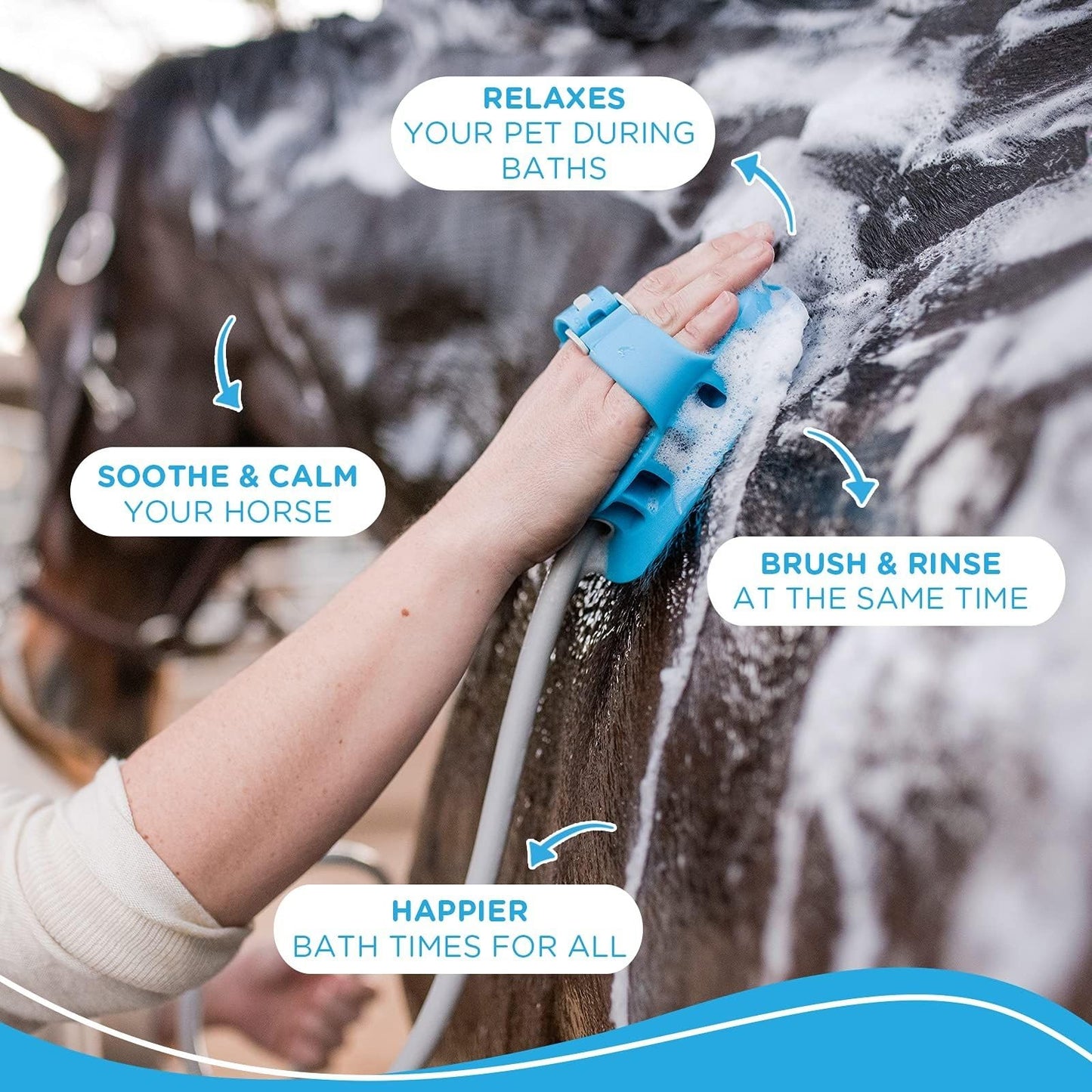 Aquapaw 5 en 1 Herramienta de baño de caballos y peine de curry para lavar, rociar, fregar, masajear y arreglar | Incluye manguera de jardín de 3 pies y adaptador | 1 tamaño para todos, ideal para caballos, ganado y perros grandes