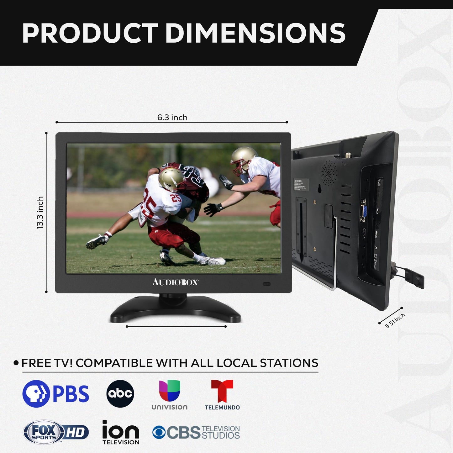 Audiobox - TV portátil de 13 pulgadas | HDMI, VGA, A/V, entradas USB/SD | Salida de 3,5 mm, CA/CC | Incluye: mando a distancia, cargador de coche, adaptador de CA, cables A/V y antena