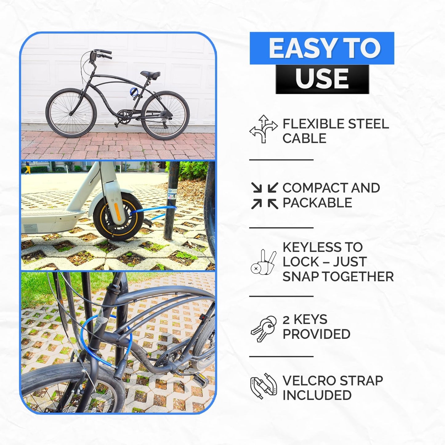 DocksLocks - Juego de bloqueo de cable para bicicleta con cerradura de llave, soporte de montaje, seguridad antirrobo portátil y compacto para bicicletas, scooters y más de 4 pies
