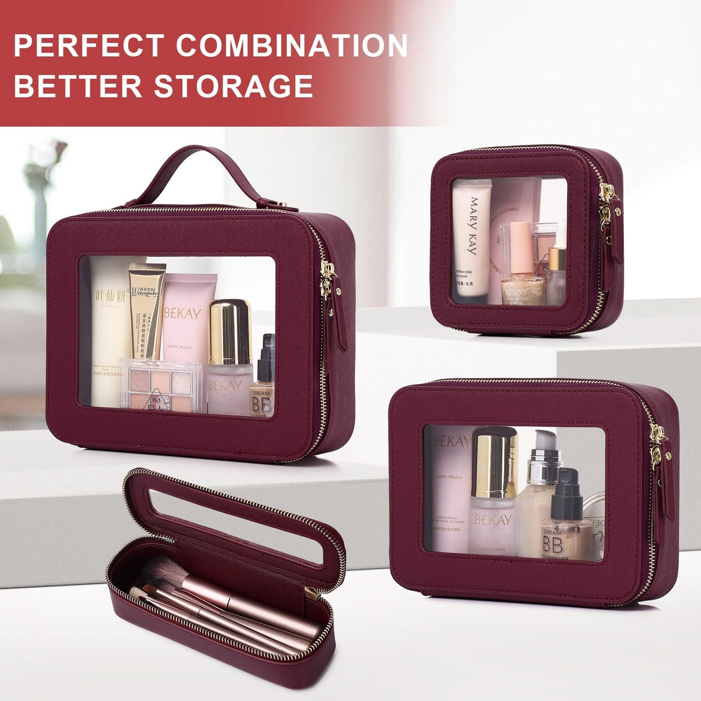 Pinkmik - Bolsa de maquillaje transparente con bolsa para brochas, 2 unidades, impermeable, para cosméticos y artículos de cambiador, organizador de cosméticos para mujer con cierre, X/Borgoña, L+SLIM