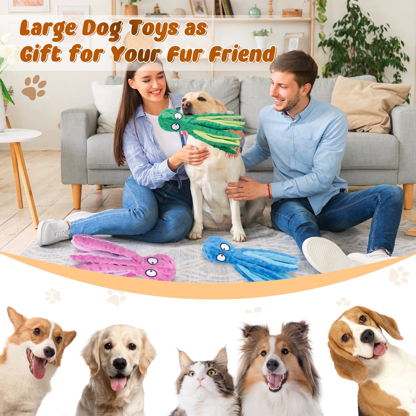 MANOPAWS - Juguetes chirriantes para perros, paquete de 3 juguetes para perros pequeños, perros medianos, perros grandes, juguetes masticables para dentición de cachorros, masticadores agresivos, juguetes de peluche sin relleno (pulpo)