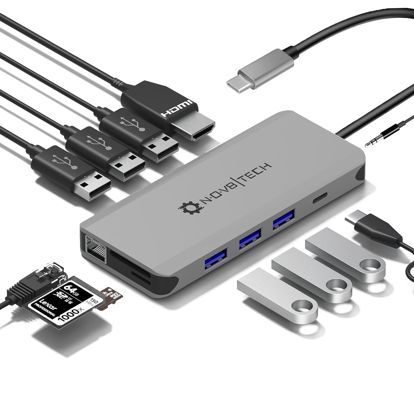 Adaptador Multiport USB C 12 en 1 NOV8Tech Gris Espacial con 4K HDMI y Power Delivery 100W para M1 MacBook Pro Air y Portátiles USB C