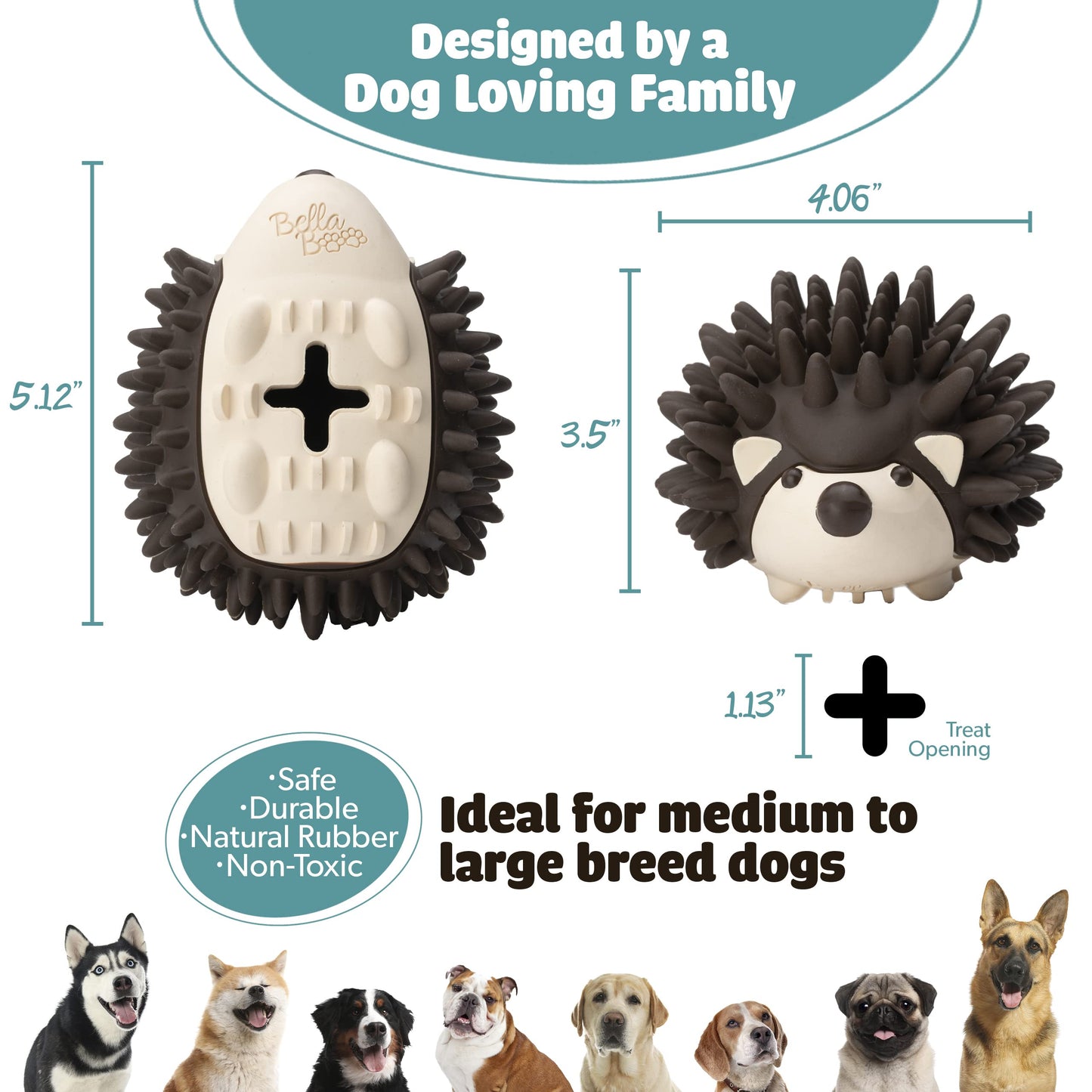 BellaBoo Pets - Juguete interactivo para perros para masticadores fuertes – Freddy The Hedgehog todo en uno + dispensador de alimentos lento rompecabezas de coeficiente intelectual para perros + juguete dental para masticar perros de raza mediana y grande