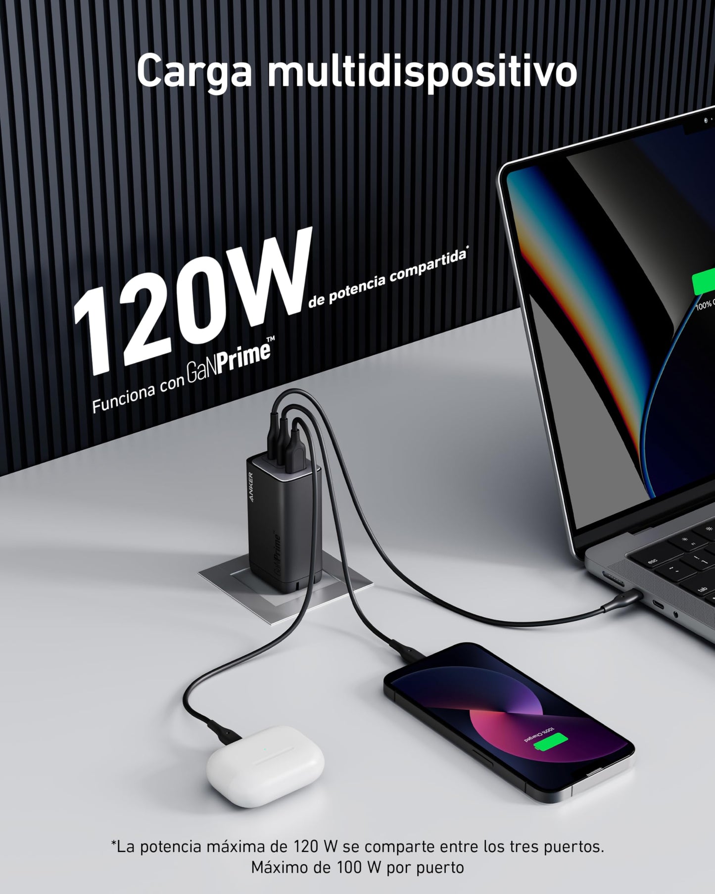 Anker Cargador USB C, 737 GaNPrime 120W, PPS 3 Puertos rápido Compacto Cargador de Pared Plegable para MacBook Pro/Air, iPad Pro, Galaxy S22/S21, DELL XPS 13, Note 20/10+, iPhone 13/Pro y más