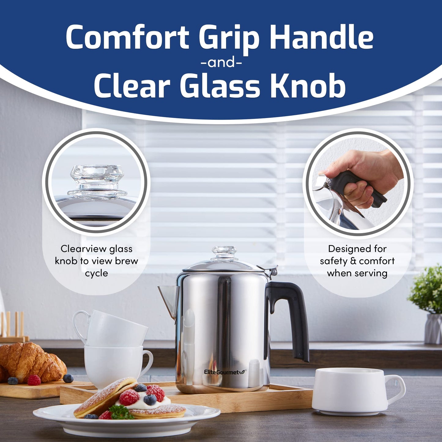 Elite Gourmet EC008 - Percolador de café clásico para estufas, perilla de progreso de cerveza transparente, mango de tacto fresco, servicio inalámbrico, 8 tazas, acero inoxidable