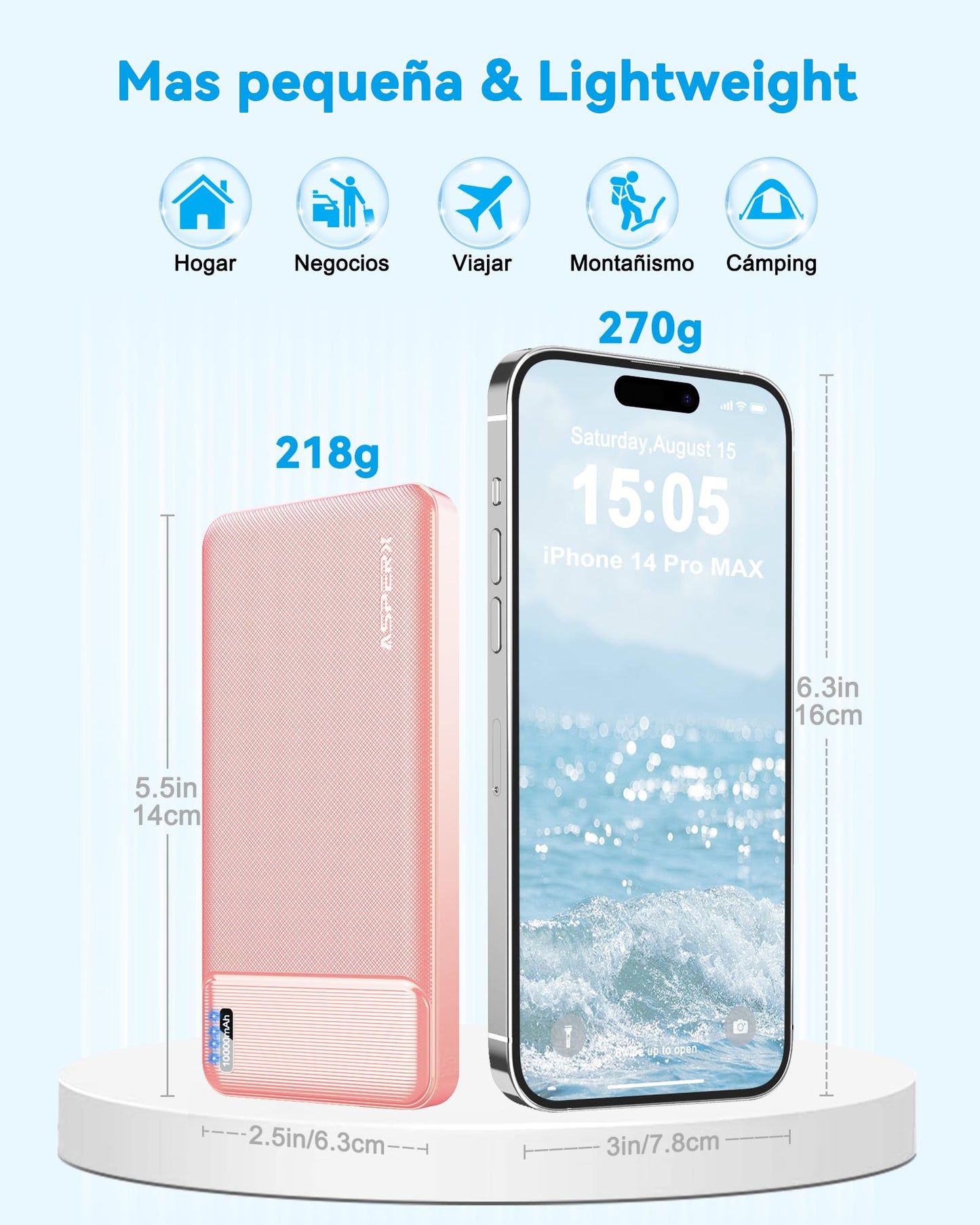 Batería Portátil AsperX 10000mAh USB Carga Rápida Pila Recargable para iPhone y Google