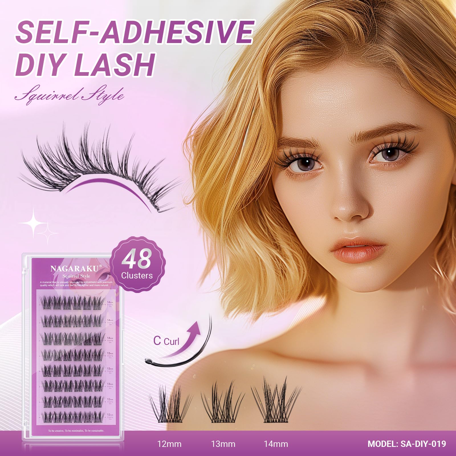 NAGARAKU Grupos De Pestañas Autoadhesivos Para 48 Pcs No Necesita Pegamento Ni Removedor Presión En Un Solo Paso Pestañas Reutilizables Prepegadas En Casa Estilo Ardilla (SA-19, 0.07 C Curl 12-14mm)