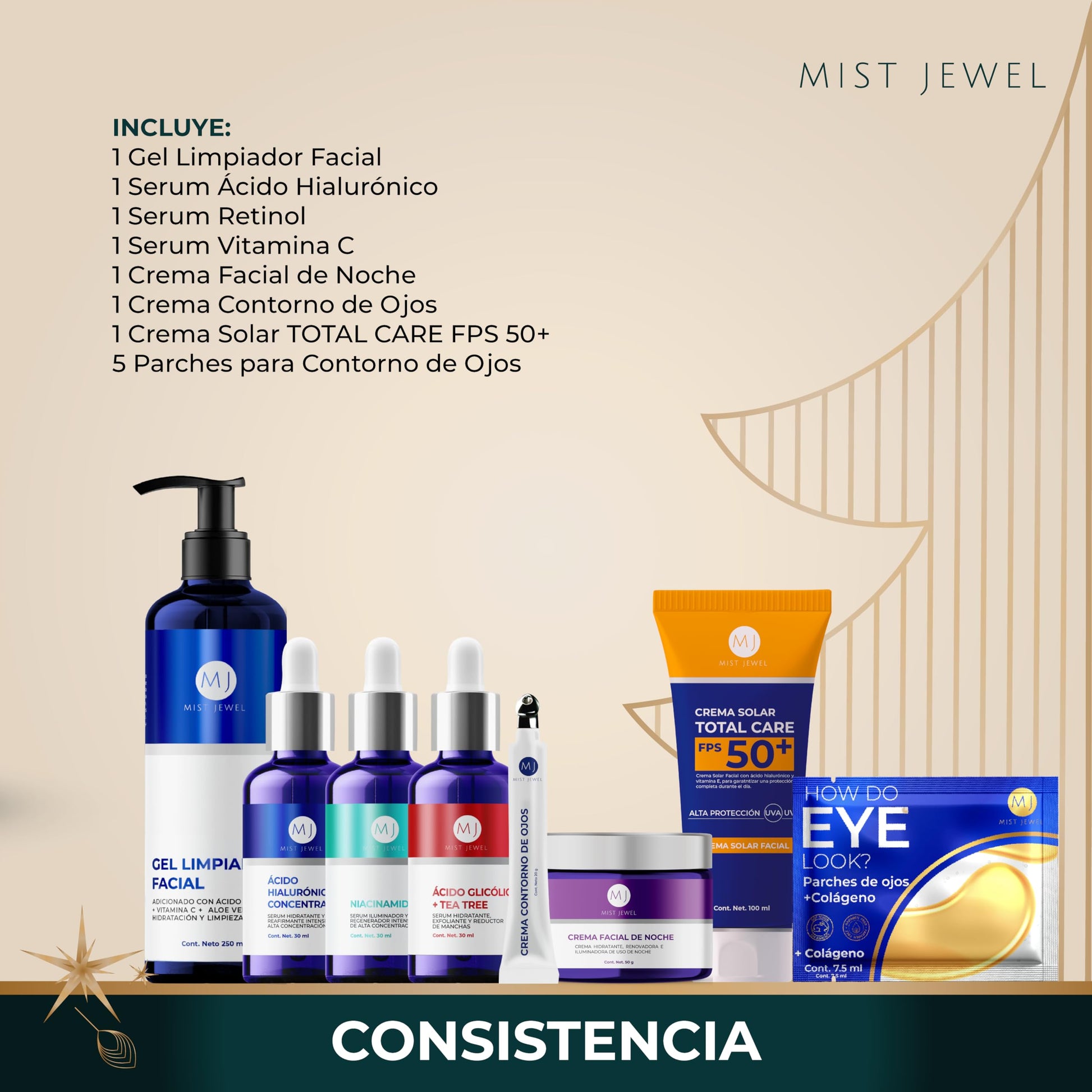 MIST JEWEL Kit Facial Edición especial 2024 skincare exclusivo temporada Regalos Crema noche, 3 Serum, limpiador facial, crema contorno de ojos, Protector solar, parches ojeras | Paquete completo día y noche regalo hombre y mujer para el cuidado de la pie