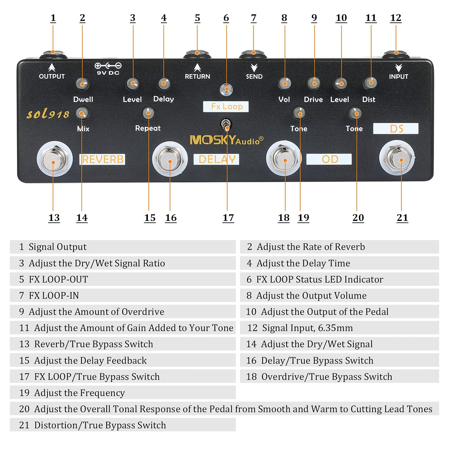 efector,mewmewcat MOSKY Audio SOL918 Pedal de efectos múltiples 5 en 1 Pedal de guitarra de efectos combinados True Bypass Dispositivo de efectos combinados múltiples en uno Reverberación Delay FX Loo