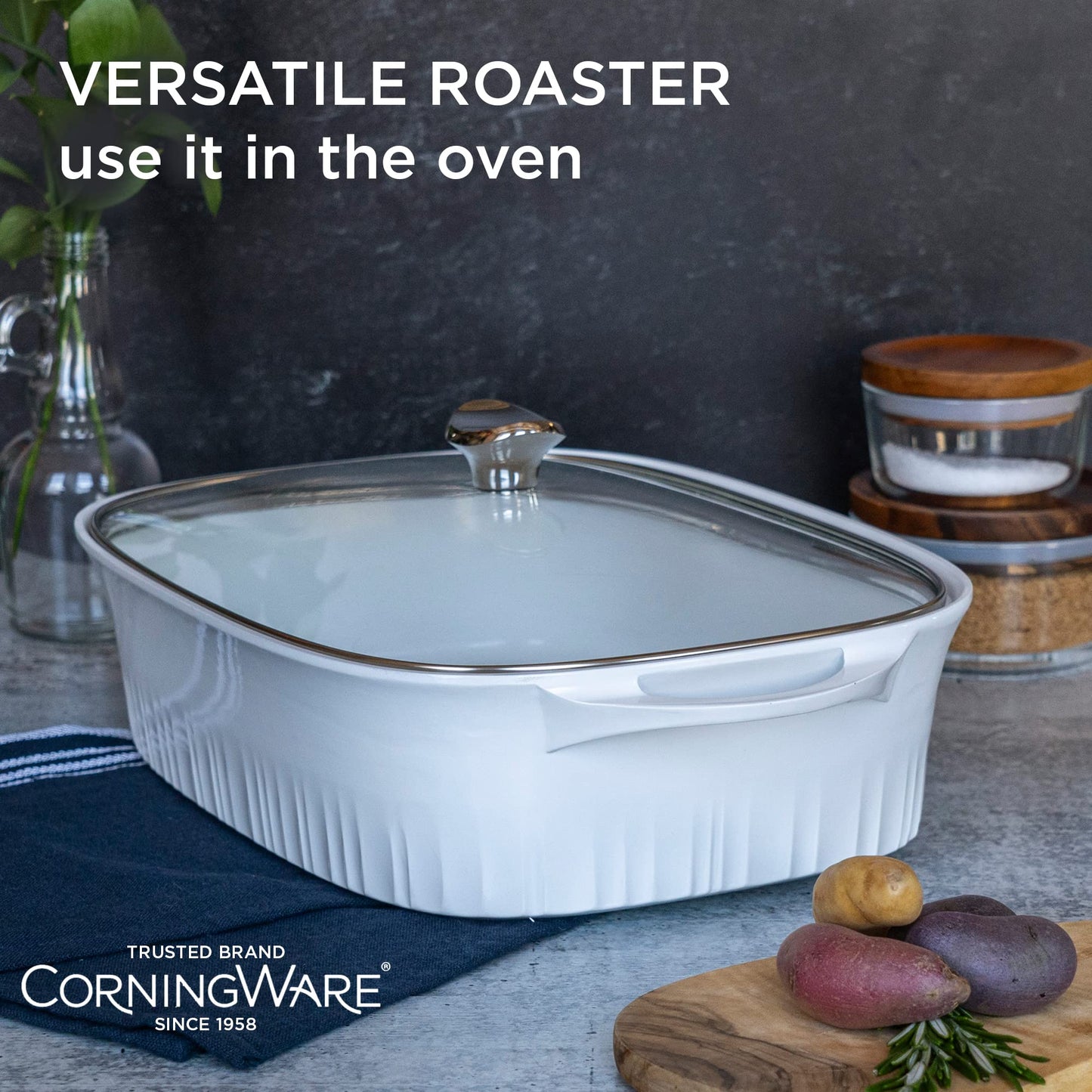 CorningWare QuickHeat - Asador de aluminio fundido de 5.7 cuartos de galón con tapa e interior de cerámica antiadherente, ligero y rápido incluso para hornear y cocinar al calor, para carnes, sopa