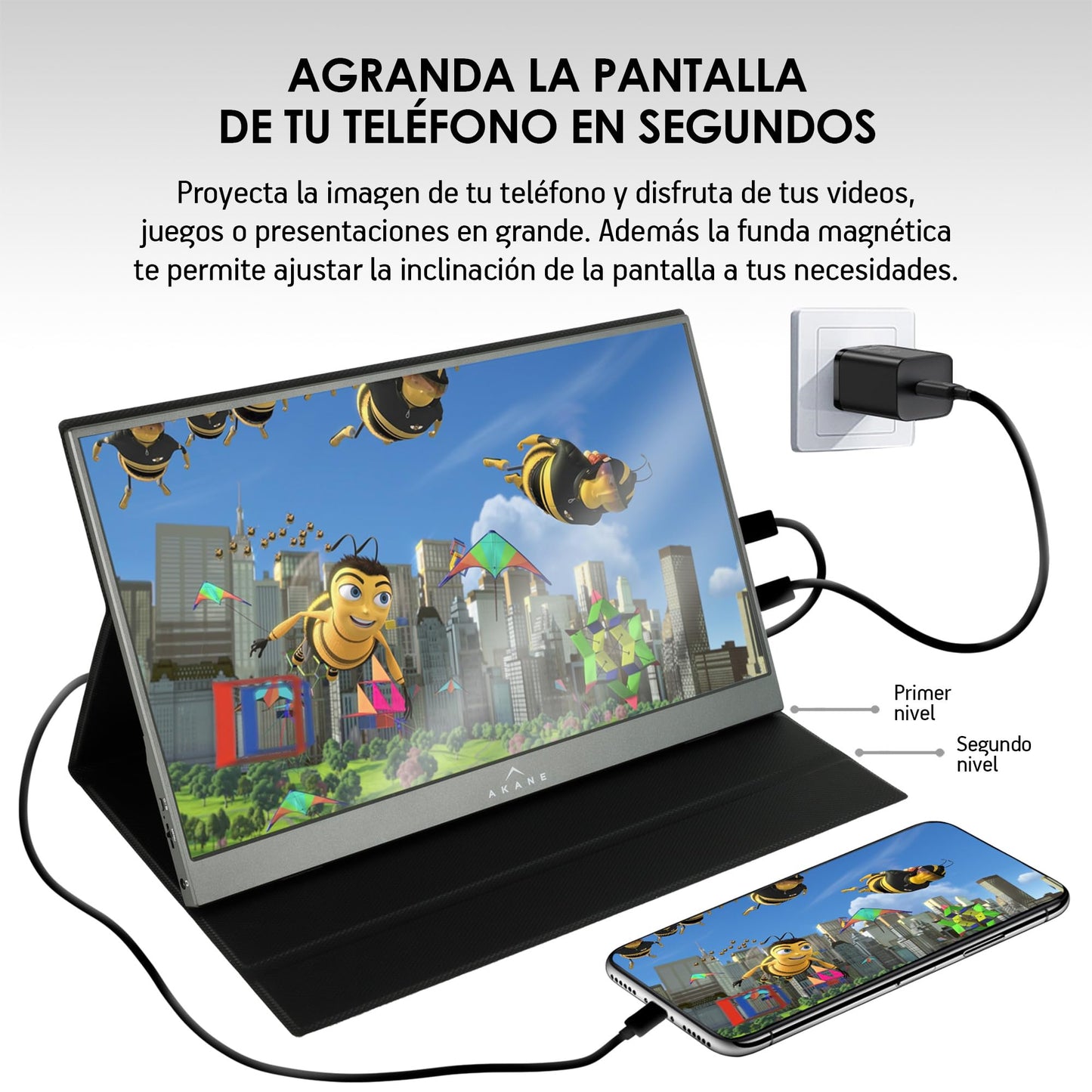 Akane Monitor Portátil Full HD 15.6 Pulgadas, Pantalla Externa para Laptop, Celular y Consola, Conexión USB-C y Mini HDMI, para Android, iOS, Windows, Nintendo Switch y más, con Funda Magnética