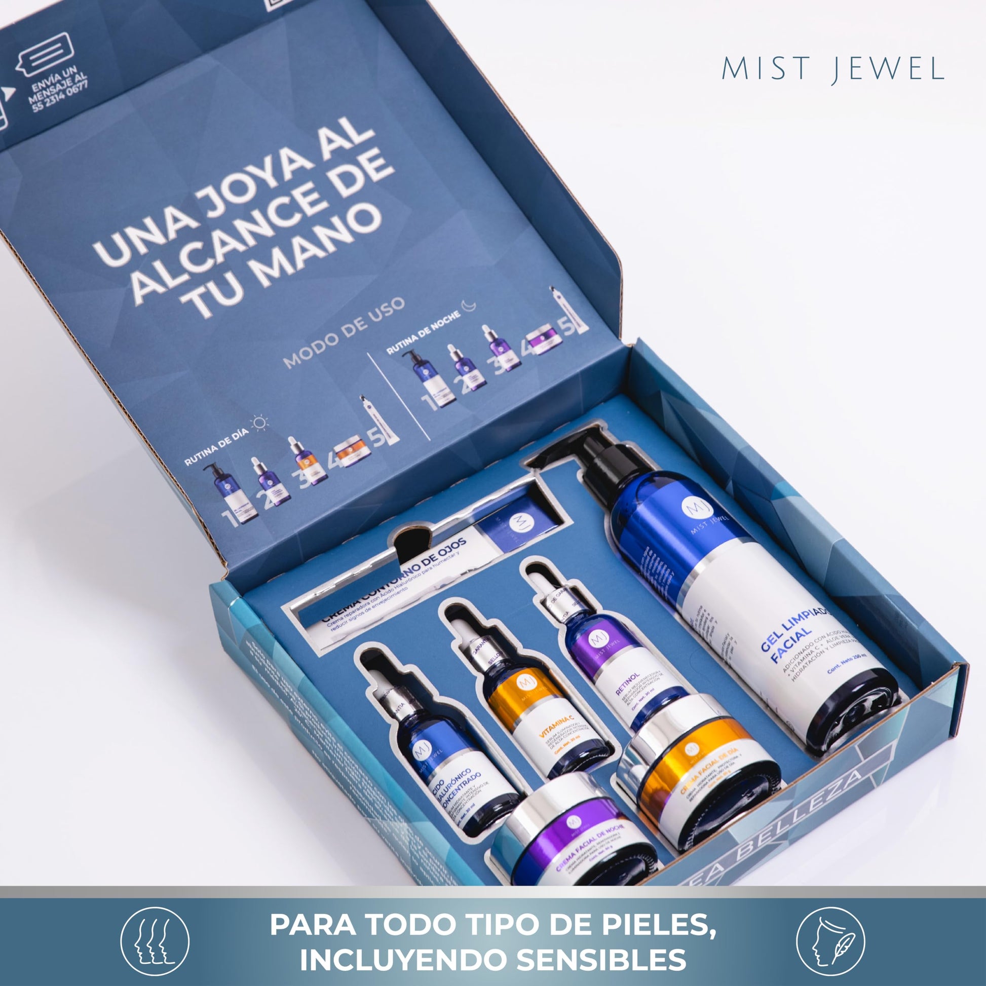 MIST JEWEL Kit Facial Luxe skincare completo Cremas día y noche, 3 Serum, limpiador facial y crema contorno de ojos | Paquete completo dia y noche de cuidado facial, hidratación y rejuvenecimiento