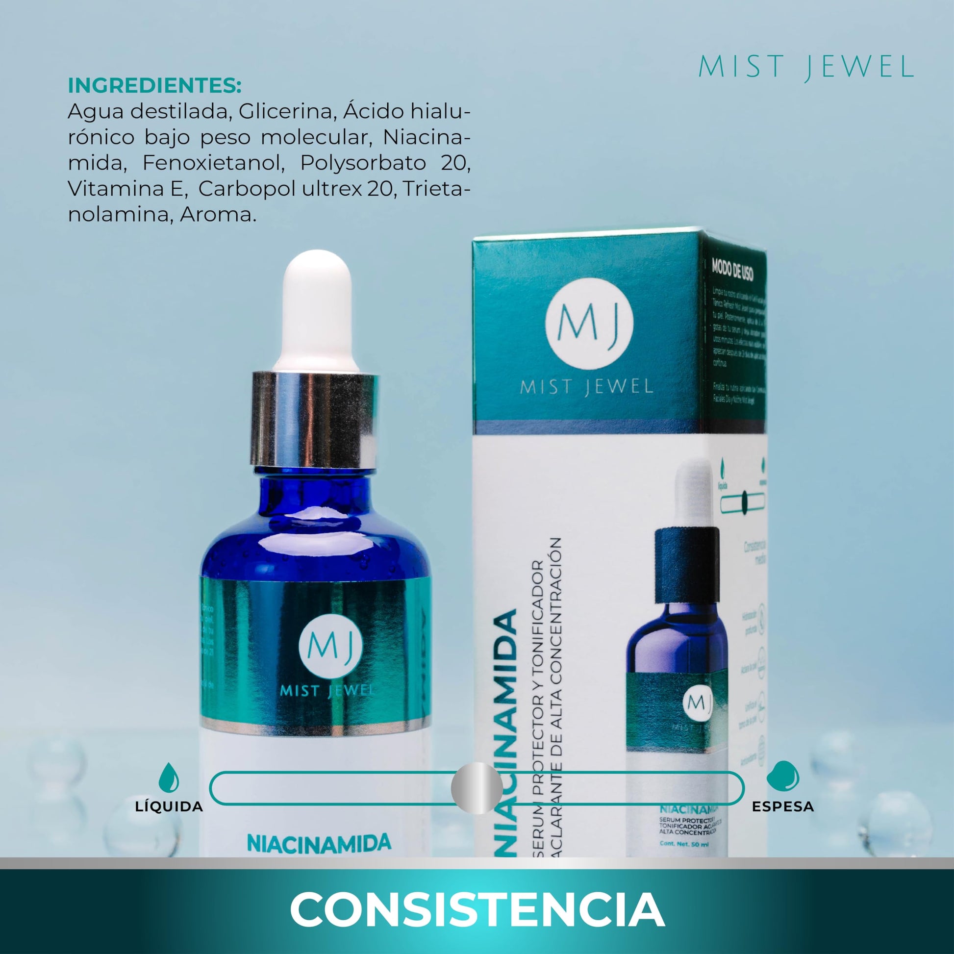MIST JEWEL Suero facial Niacinamida, Vitamina E y Acido hialurónico tonificador aclarante y protector 50ml | Serum para hombres y mujeres cuidado facial regenerador potente e hidratante de alta efectividad