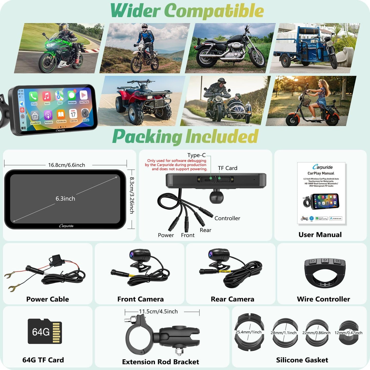 Carpuride W603D - visualización GPS Carplay para motocicleta, inalámbrica CarPlay y Android Auto para Moto, con cámaras duales HD 1080P, control remoto, visualización táctil impermeable de 6.3