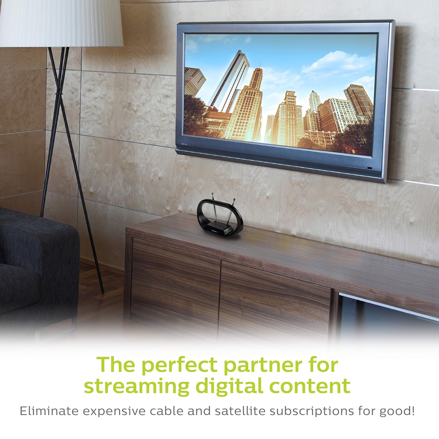 PHILIPS Modern Loop Rabbit Ears Antena de TV para Interiores, dipolos Extensibles de 15 Pulgadas, 4K 1080P VHF UHF, Escritorio, HDTV Digital, Cable coaxial de 4 pies, Negro, SDV7114A / 27