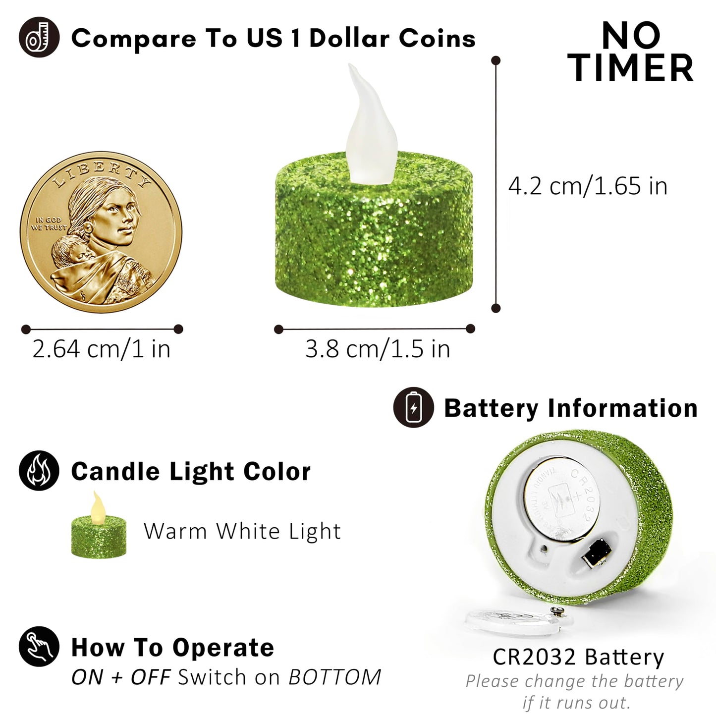 Furora LIGHTING - Velas LED con purpurina verde, paquete de 12, velas parpadeantes sin llama para decoración del hogar, 1.5 pulgadas de ancho x 1.65 pulgadas de alto, funciona con pilas