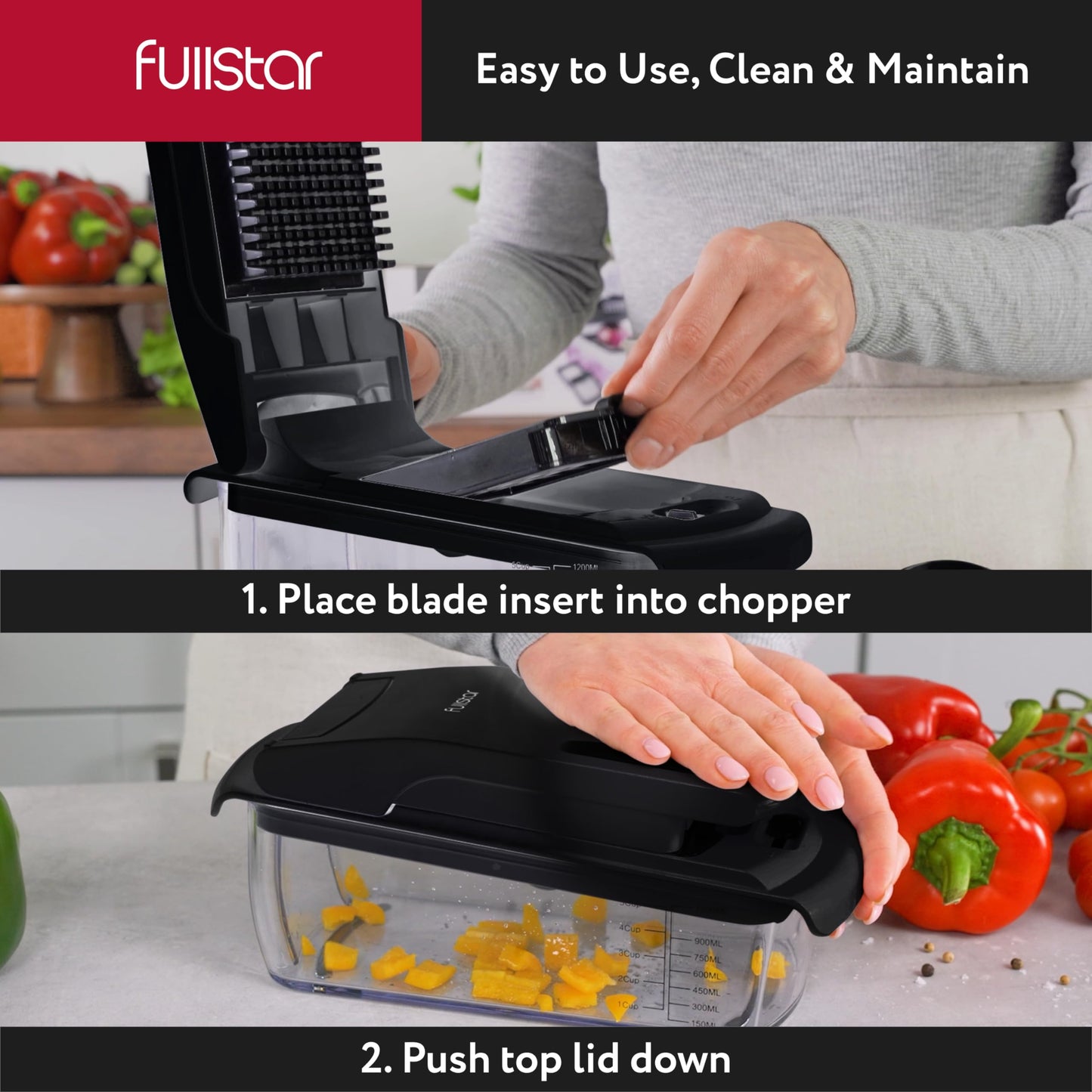 Fullstar - Picador de verduras y espiralizador - Picador de alimentos con contenedor, rebanador de frutas, utensilios de cocina y accesorios, esenciales para el hogar (8 en 1, negro)