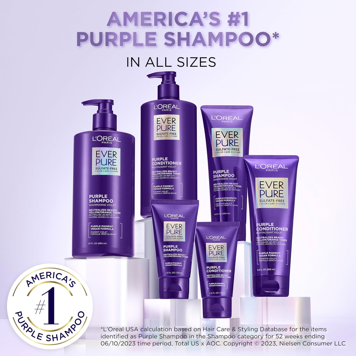 L’Oréal Paris Shampoo con tecnología morada Ever Pure Purple, neutraliza y matiza los tonos amarillentos y naranjas del pelo, para todo tipo de pelo teñido, sin Sulfatos, 200ml