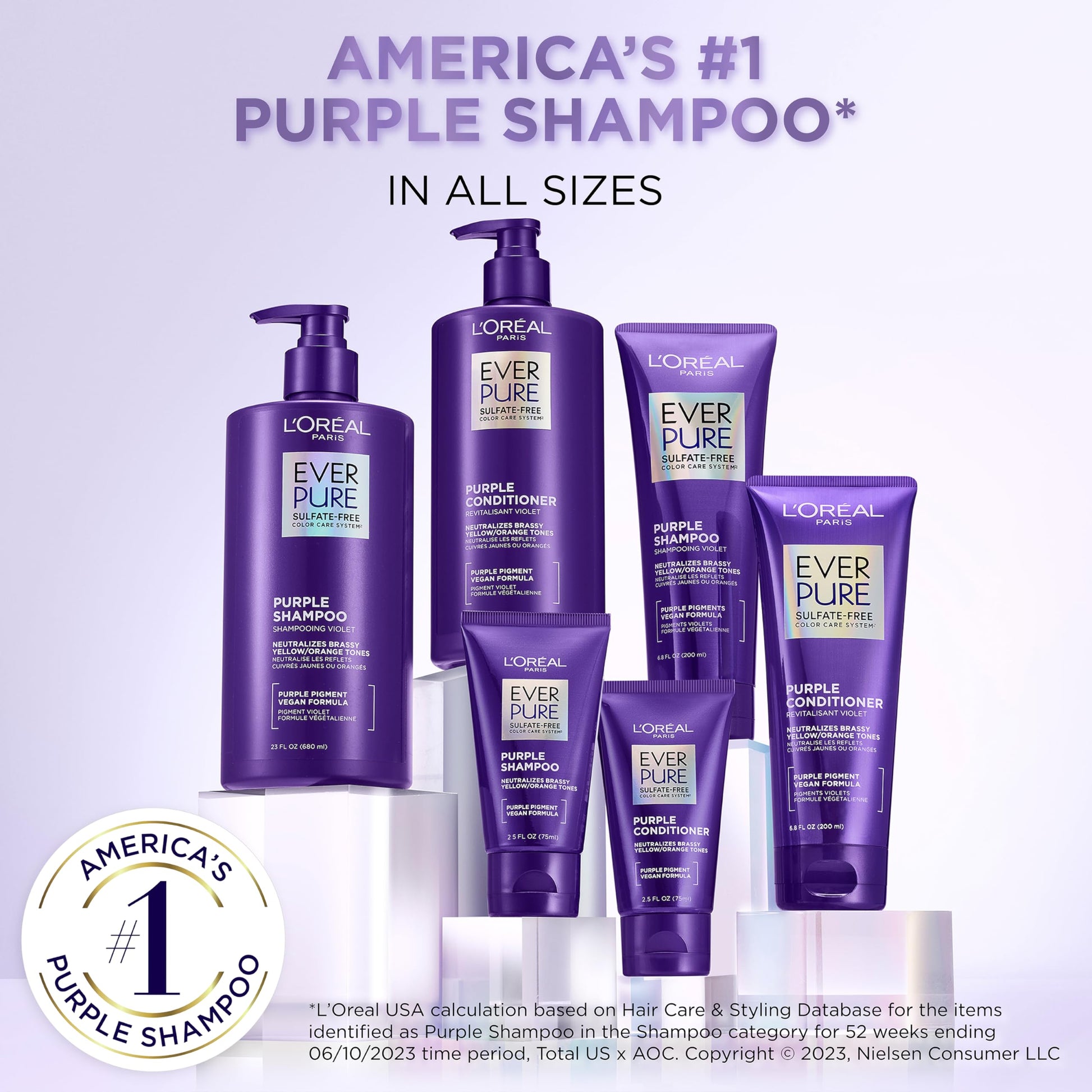 L’Oréal Paris Shampoo con tecnología morada Ever Pure Purple, neutraliza y matiza los tonos amarillentos y naranjas del pelo, para todo tipo de pelo teñido, sin Sulfatos, 200ml