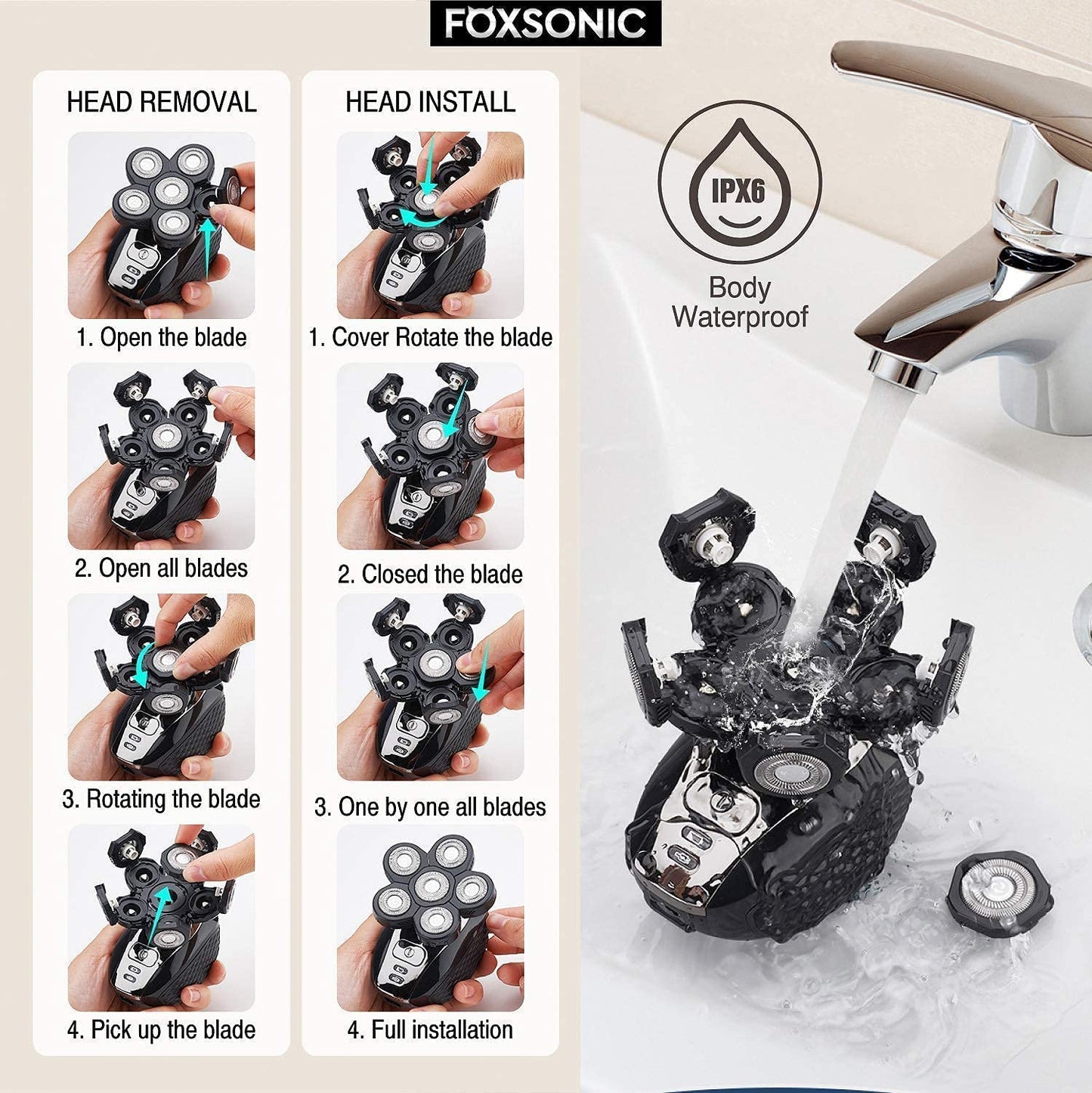 FOXSONIC Cabezales de repuesto para afeitadora eléctrica de 6 cuchillas, 6 cuchillas, cuchillas de repuesto para afeitadora calva con cubierta de cuchilla, cabezal de afeitadora eléctrica (negro)