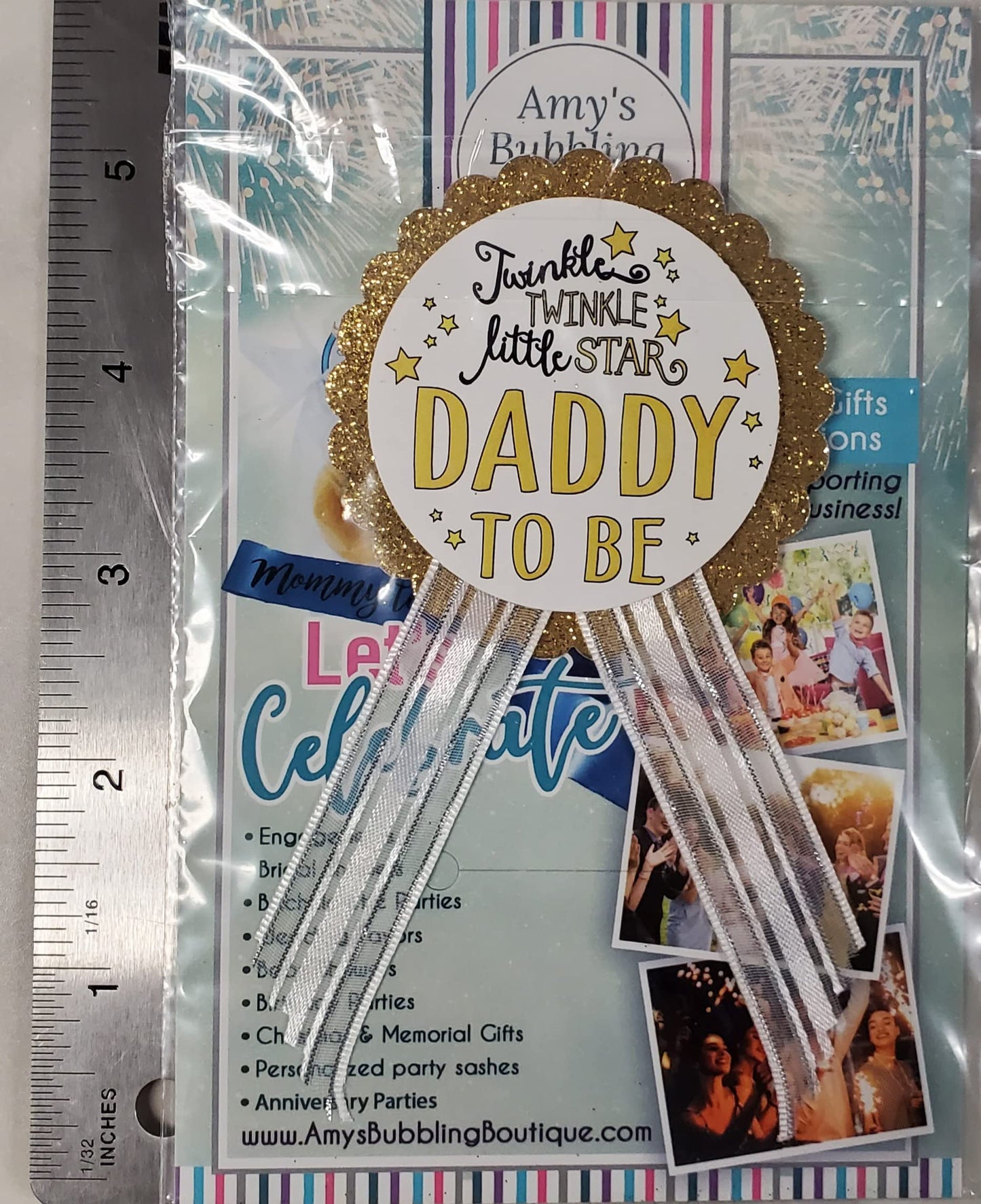 Twinkle Little Star - Juego de alfileres para baby shower – Cintas de satén blanco y purpurina dorada para mamá y papá a ser, Una talla, Cartulina cartulina cinta de satén pin de acero inoxidable, No