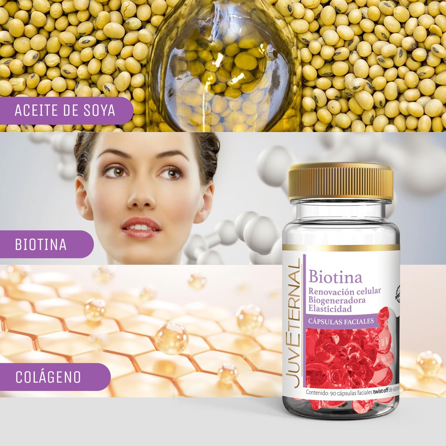 Juveternal Kit 6 frascos Cápsulas Faciales Ácido Hialurónico Cápsulas Faciales Colágeno Biotina Cápsulas Faciales Vitamina C Cápsulas Faciales Vitamina E Cápsulas Faciales Biotina Cápsulas Faciales Retinol 90 cáps c/u Efecto Litting Reafirma y Retexturiza