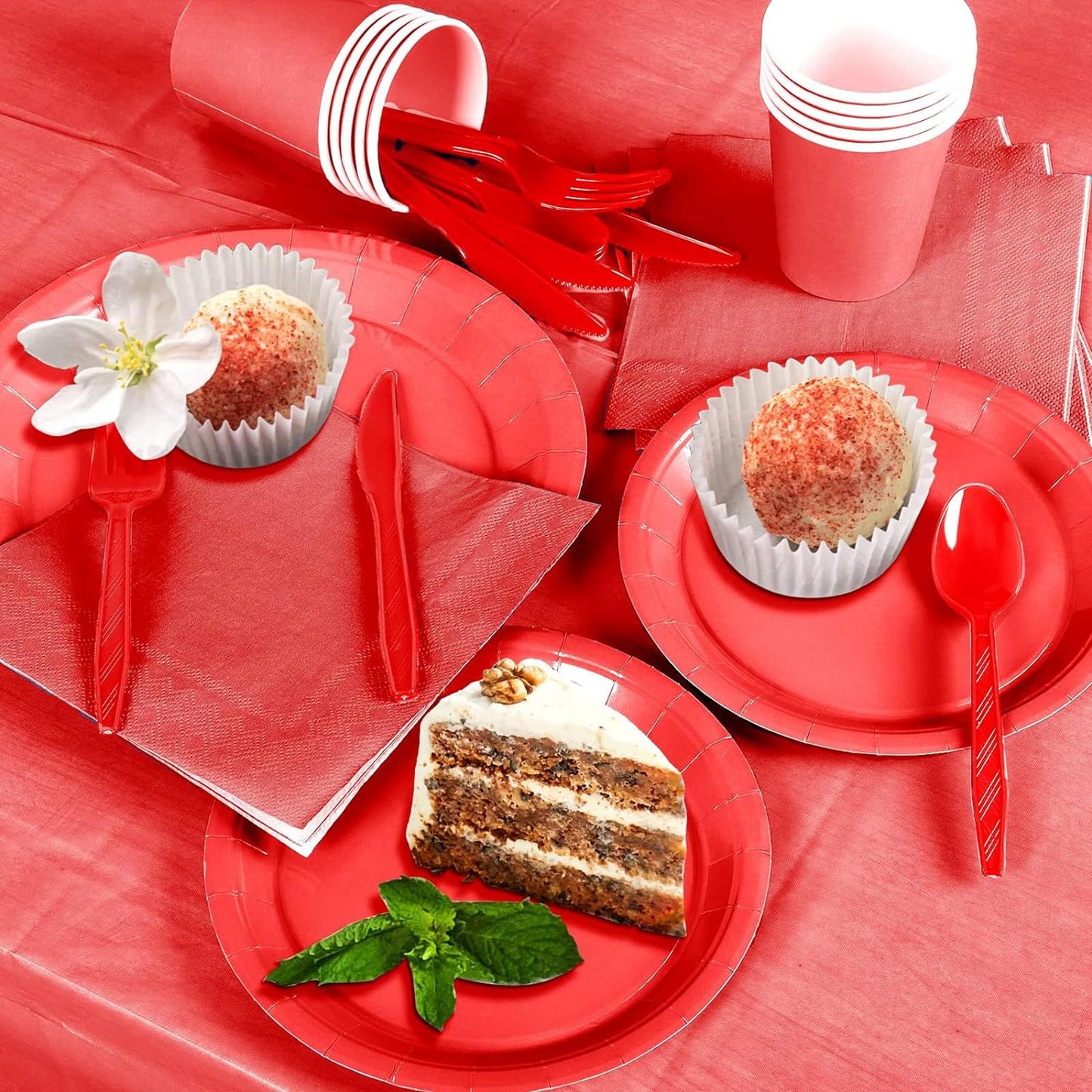 Juego de vajilla de fiesta, platos x 40, tazas x 20, servilletas x 20, cuchillos, tenedores y cucharas x 20, manteles 2 uds, Adecuado para bodas y fiestas de cumpleaños otras celebraciones (Rojo)