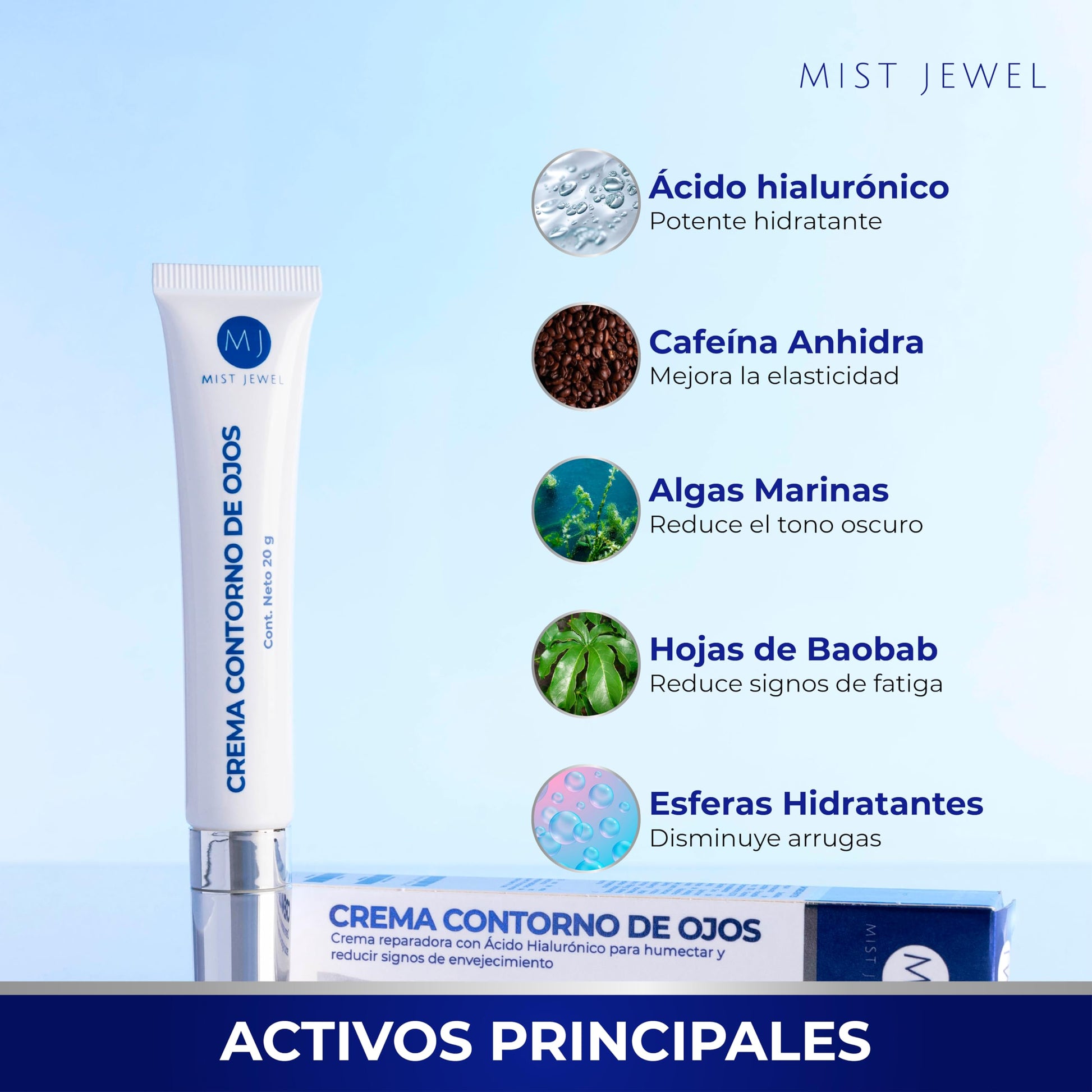 MIST JEWEL | Crema para contorno de ojos, arrugas, bolsas y ojeras obscuras | Con cafeína, Ácido hialurónico y esferas hidratantes 20g