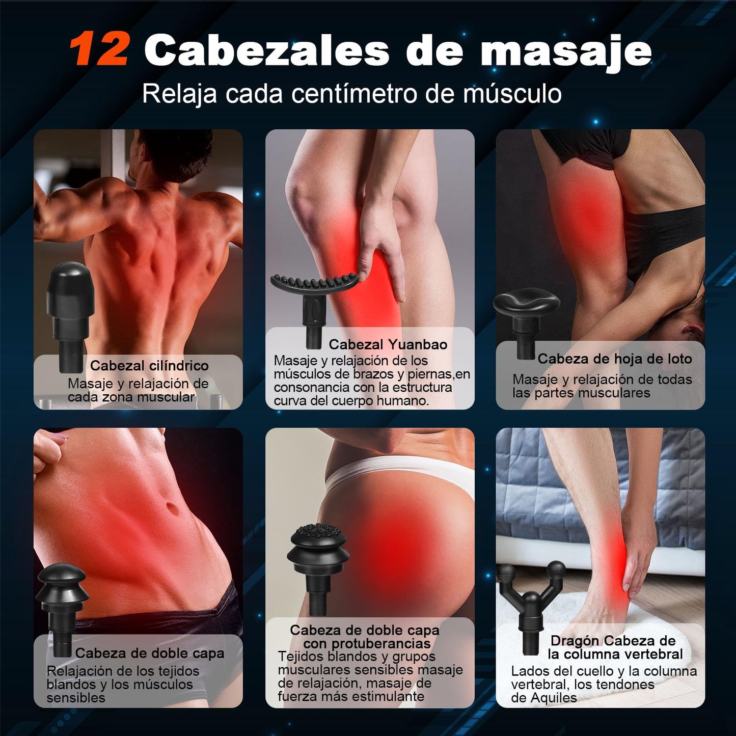 BJLBOJEY Pistola de masaje muscular, masajeador eléctrico mano con 12 cabezales masaje y 32 velocidades ajustables (Plata)
