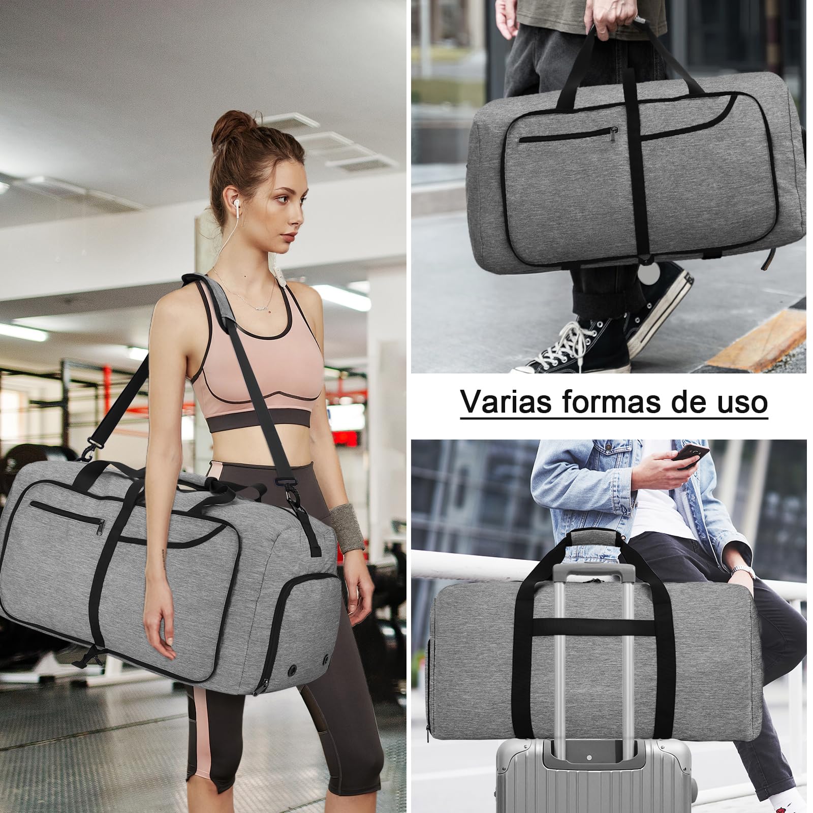Bolsa de Viaje NEWHEY Gris Plegable Impermeable 65L con Compartimento para Zapatos para Mujer y Hombre