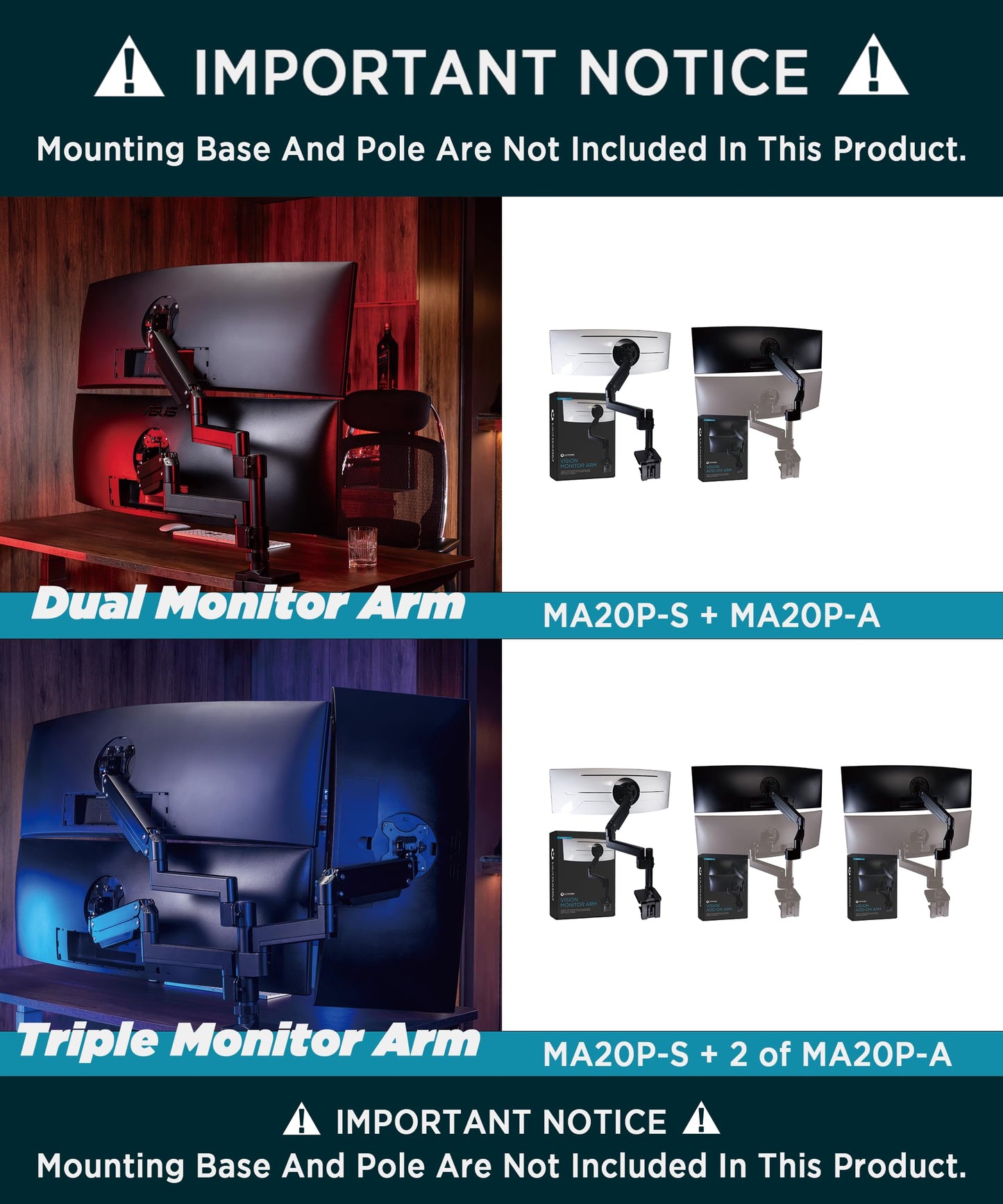 Soporte para Monitor Doble ULTRARM Negro Ajustable en Altura