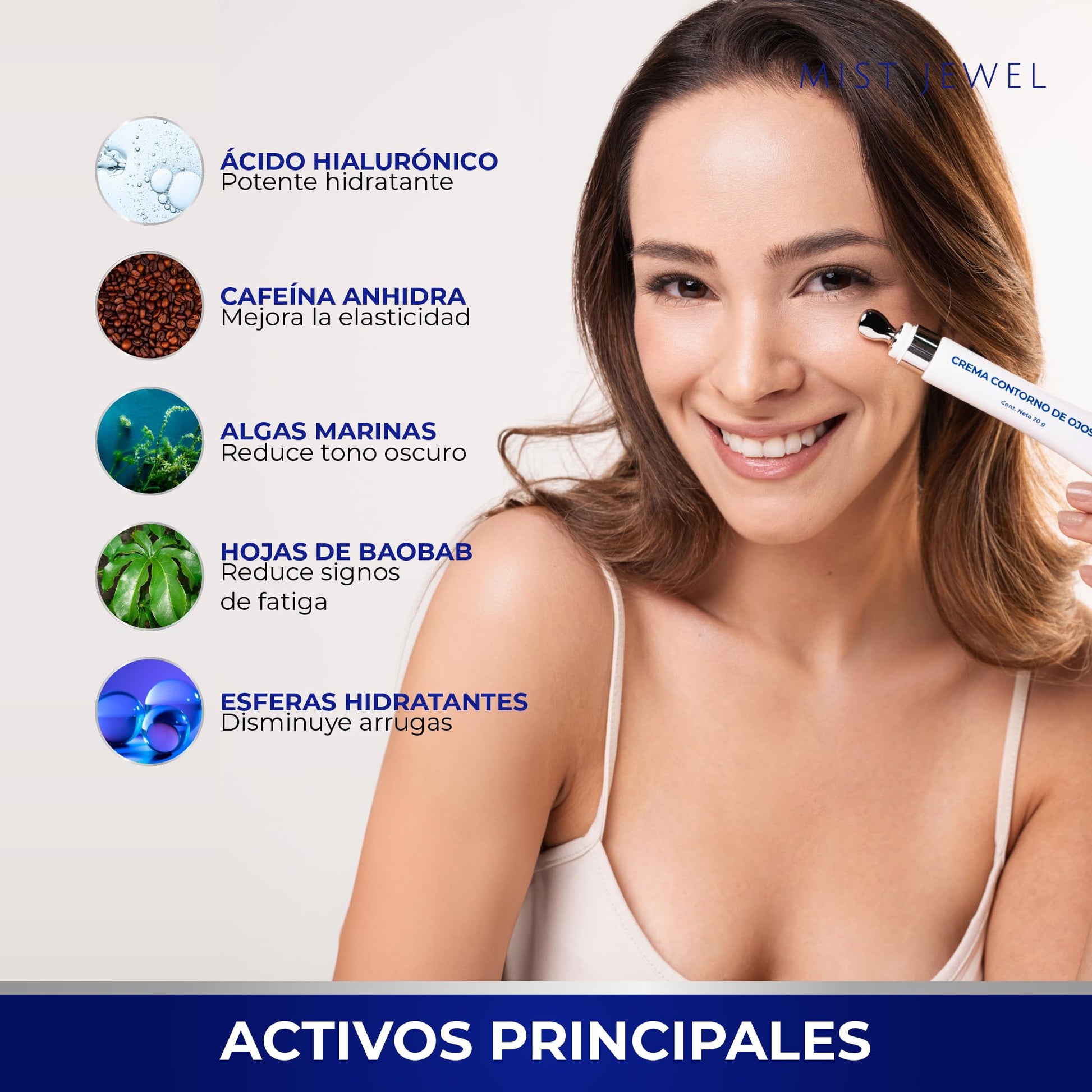 MIST JEWEL | Crema para contorno de ojos, arrugas, bolsas y ojeras obscuras | Con cafeína, Ácido hialurónico y esferas hidratantes 20g