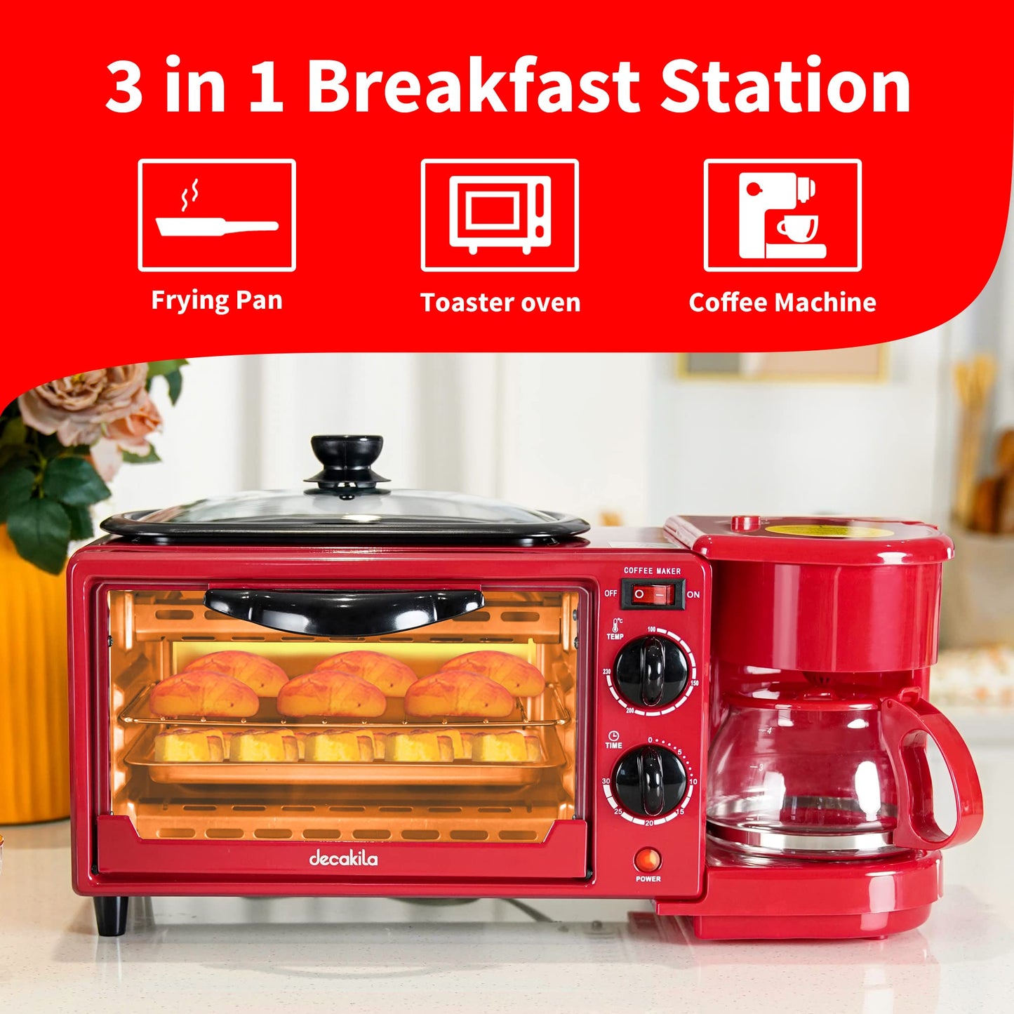 DECAKILA 3 en 1 Estación de Desayuno Horno Tostador Cafetera de 4 Tazas Plancha Todo en Uno con Temporizador de 30 Minutos Rojo KUEV003R