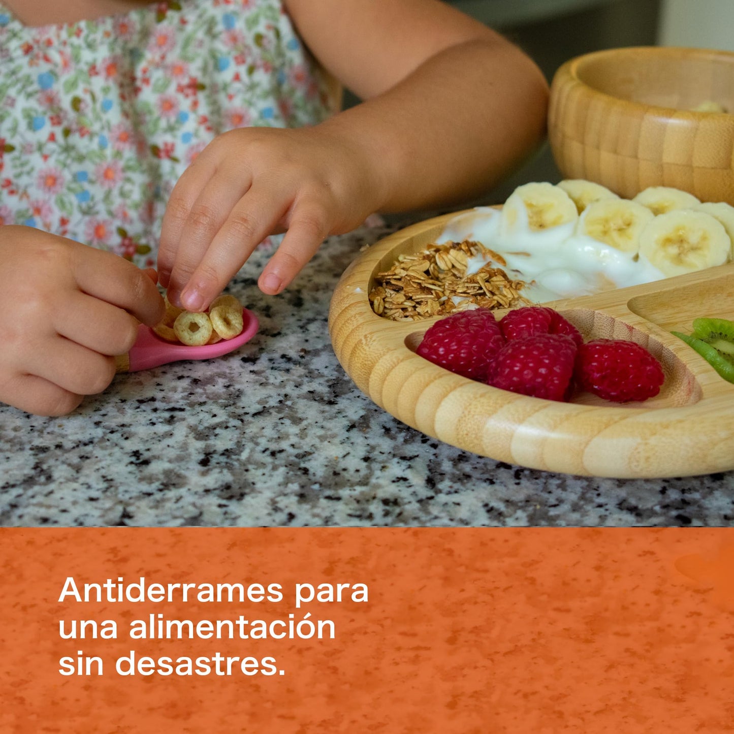 Ecowood® Plato Extendido de Bambú con Divisiones para Bebe y Niño - Con Base de Silicona Succión Adherente y Antiderrapante (Naranja)
