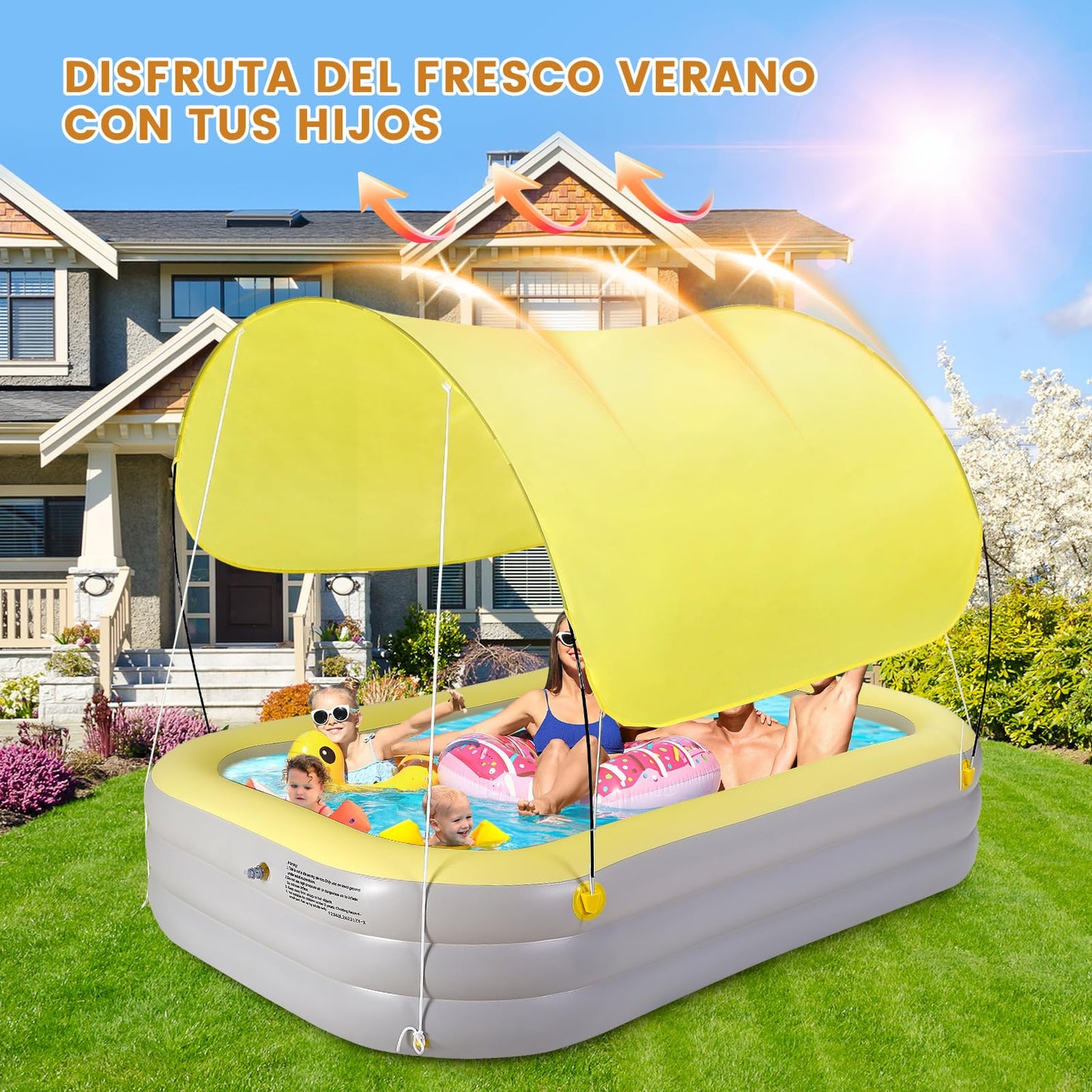 Alberca Inflable Piscina Familiar, Cubierta Inflable para Piscina, 260x160x60cm Piscina Hinchable 3 Niveles Rectangular, Alberca para Niños Adultos Grandes para Patio y Exterior, Exterior, Jardín