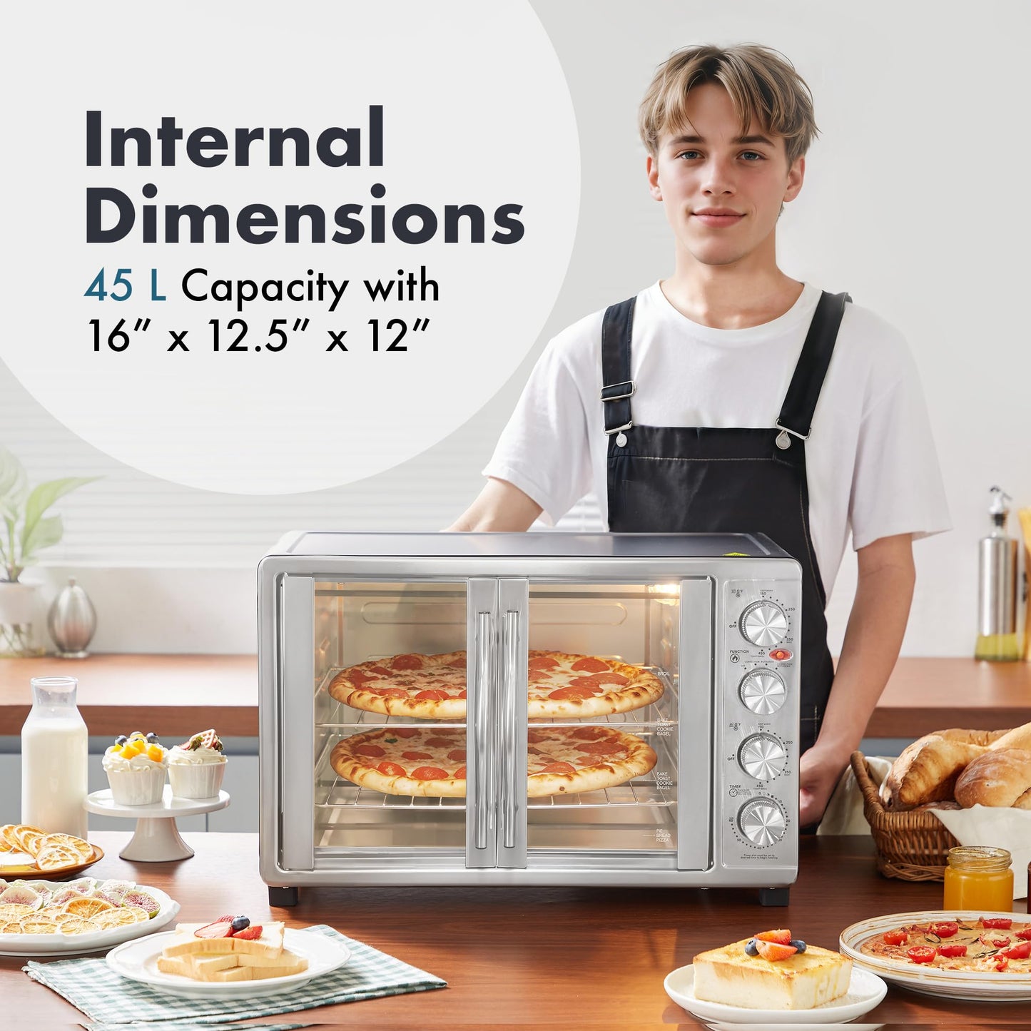 Elite Gourmet ETO-4510M Puerta francesa de 47.5 cuartos de galón, horno de convección de 18 rebanadas, 4 perillas de control, tostado para hornear asado para mantener el calor, incluye 2 estantes para
