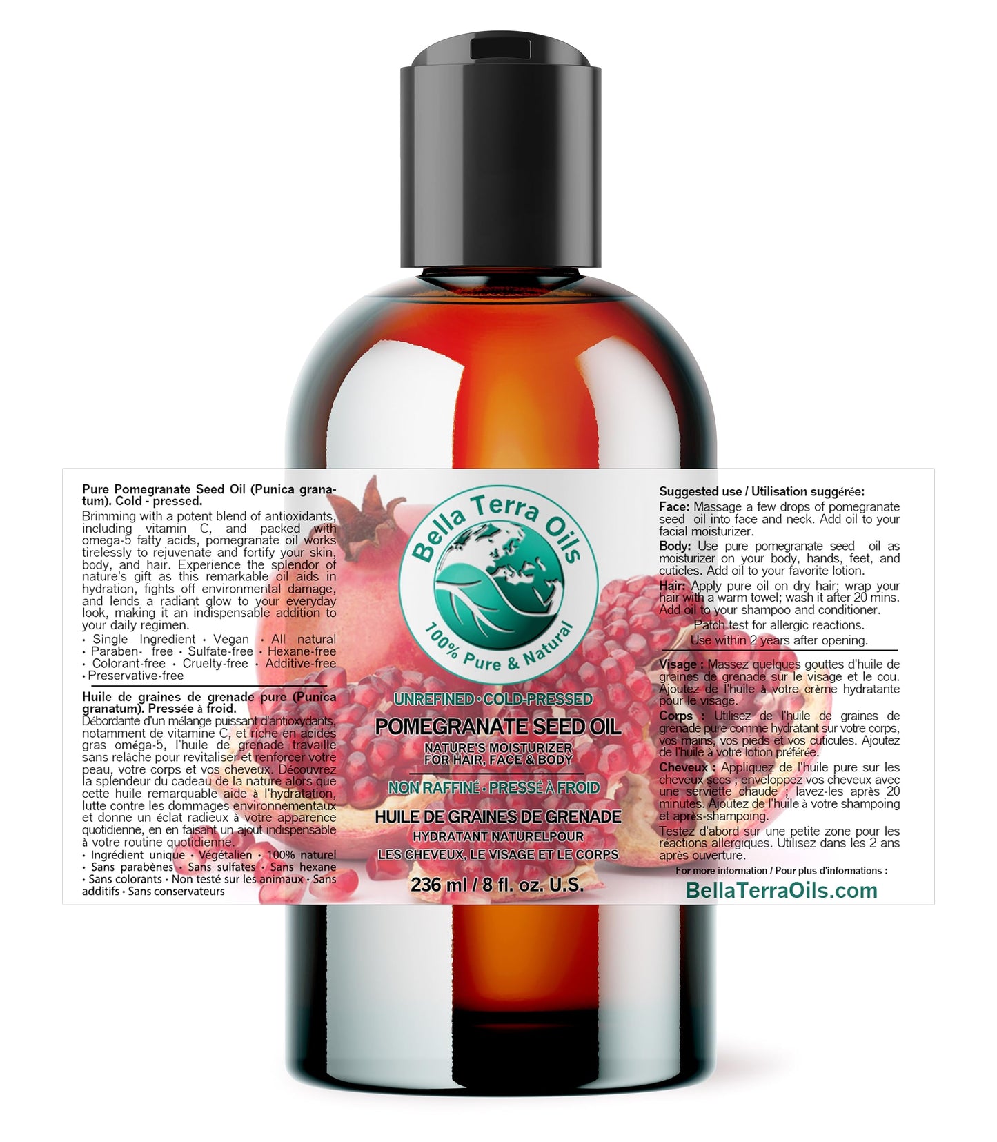 Pomegranate Seed Oil 8 oz 100% Pure Cold-pressed Unrefined Organic - Bella Terra Oils
