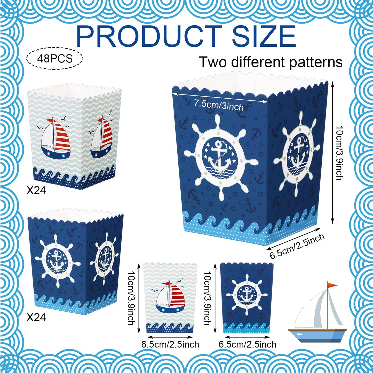 HooLing 48 cajas de palomitas de maíz marinero para crucero, decoración náutica para fiestas de palomitas de maíz, cajas de regalo de papel, ancla, océano náutico, regalos para fiestas de cumpleaños,