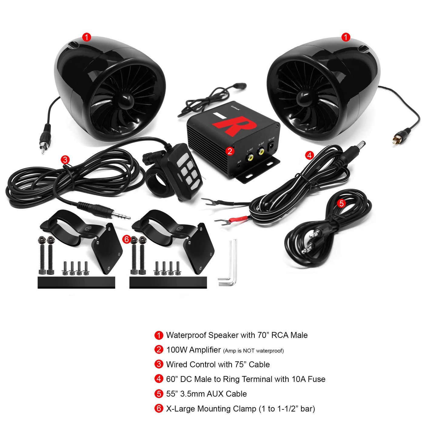 GoHawk TJ4-R - Sistema de amplificador de 4 pulgadas (10 cm), rango completo, impermeables, Bluetooth, bocinas estéreo para motocicleta, de 1 a 1.5 pulgadas (2.5 a 4 cm) Amplificador de montaje en manubrio para Harley Touring Cruiser, ATV de 4 ruedas, aux