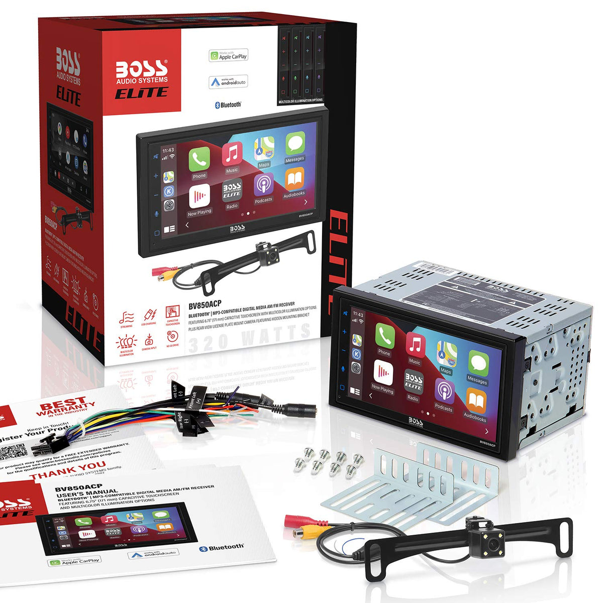 Reproductor Multimedia para Coche BOSS Audio Systems Elite BV850ACP Negro Doble DIN con Apple CarPlay-Android Auto y Pantalla Táctil de 6.75 Pulgadas