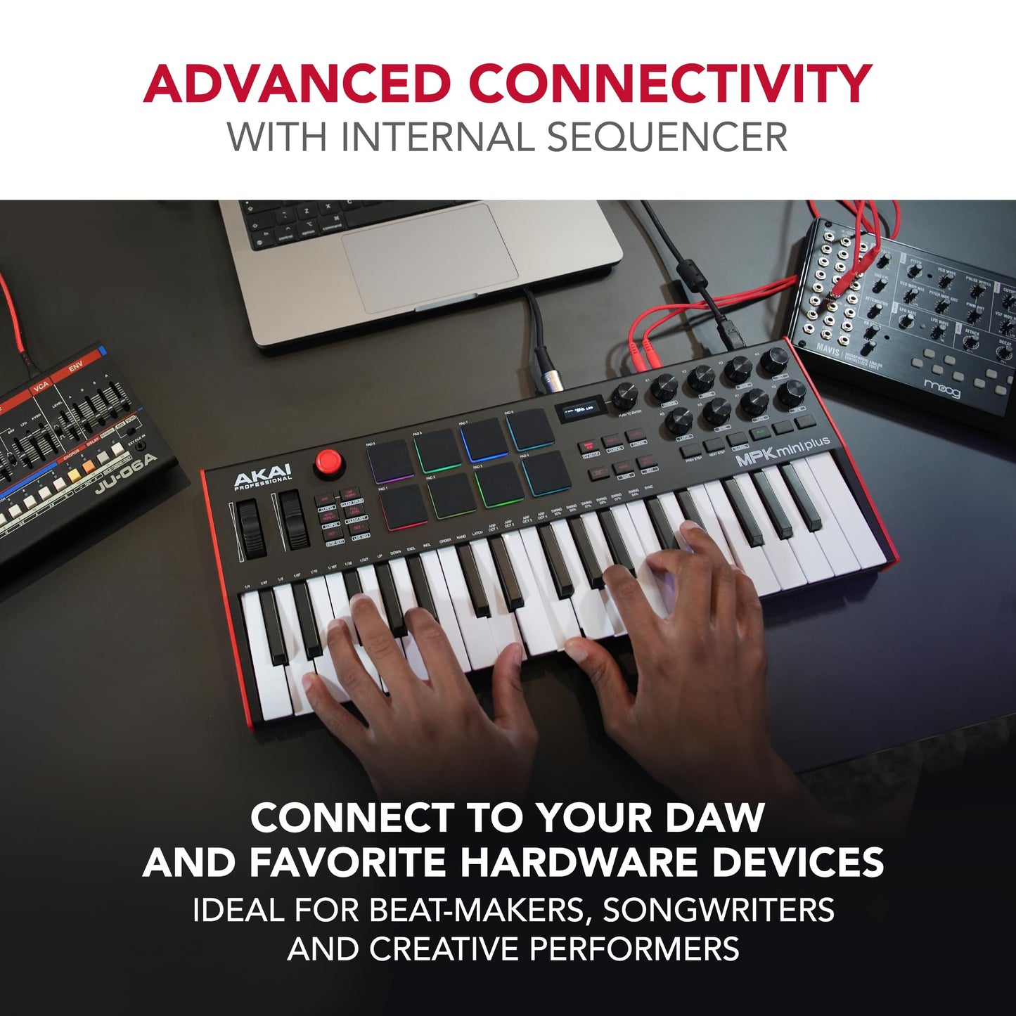Akai Professional MPK Mini Plus - Teclado Controlador MIDI USB de 37 Mini Teclas con 8 Pads MPC, Secuenciador, MIDI/CV/Gate I/O, Software de Producción y Native Instruments Sound Package