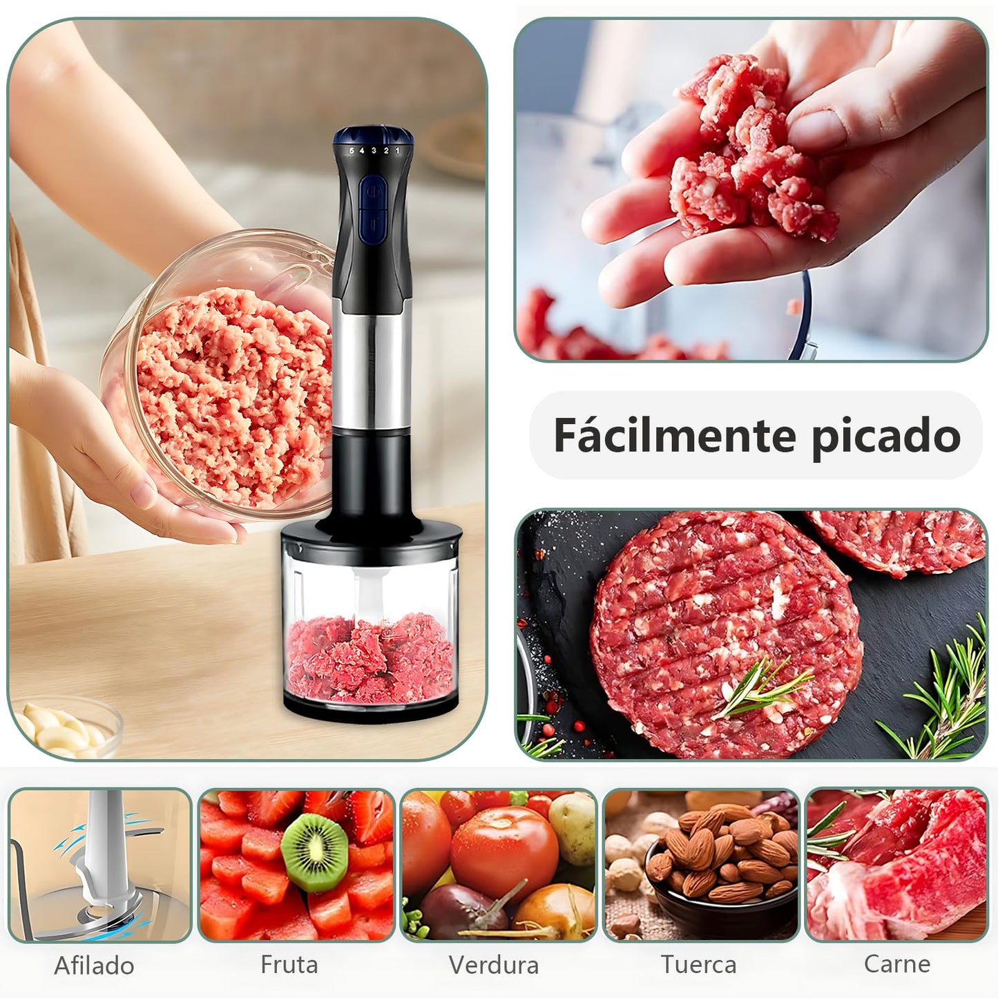 Batidora de Mano 4 en 1 de acero inoxidable,Batidora Turbo de Inmersión 1000W Con 5 Velocidades, Con Picadora de 500 ml, Batidora de Huevo, Licuadora, Vaso Medidor de 700ml