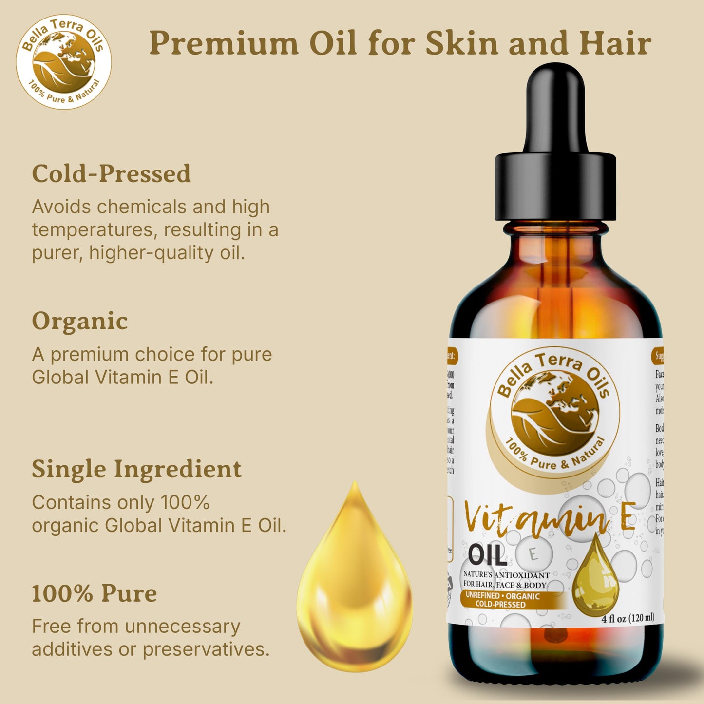 NEW Vitamin E Oil. 2oz. Cold-pressed. Unrefined. Organic. 100% Pure. D-alpha Tocopherol. 75,000 IU. Hexane-free. Rejuvenates Skin. Natural Antioxidant. For Hair, Skin, Nails, Stretch Marks, Scars.