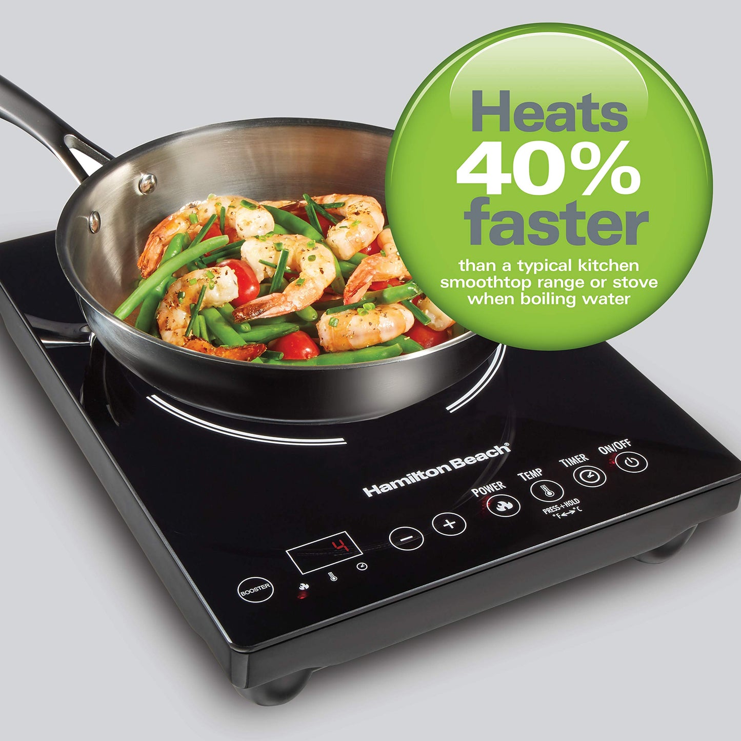 Hamilton Beach 34104 Single Induction 1800 watt Cooktop, Heats 40% faster, Versatile Pan Size (4"-10"), Black